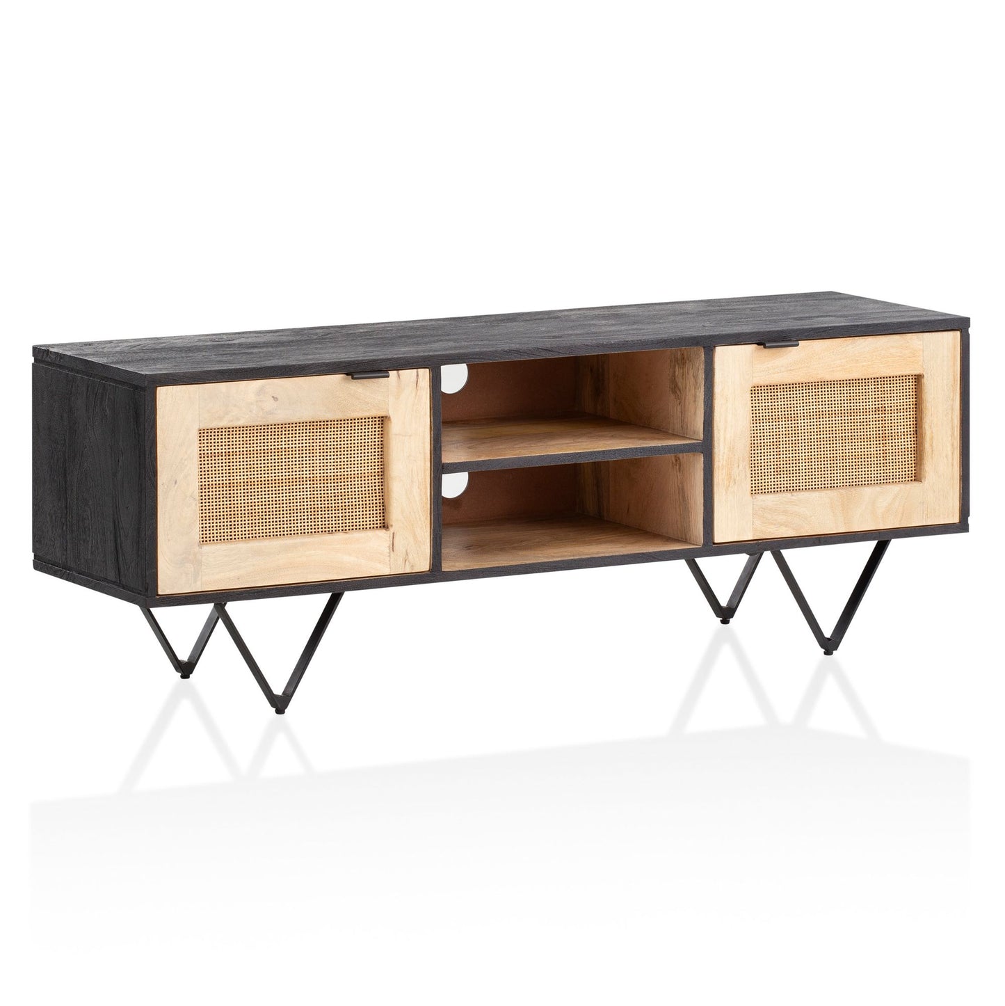 Lowboard Mango Massivholz Rattan 120 mal 44 mal 35 cm TV Kommode mit zwei Tueren Design TV Schrank mit Kabeldurchlass Fernsehtisch Fernsehschrank Modern Fernsehkommode Wohnzimmer