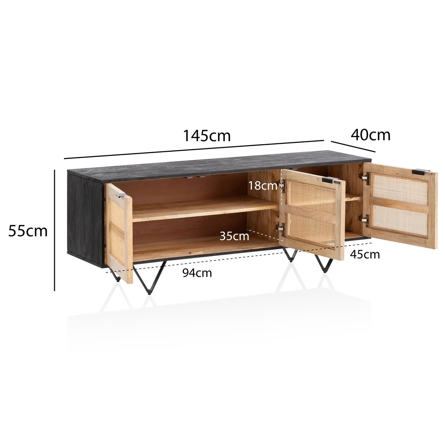 Sideboard 145 mal 55 mal 40 cm Mango Massivholz Rattan Kommode mit 3 Tueren Niedriger Kommodenschrank Schwarz Braun Standschrank Wohnzimmer Anrichte Rohrgeflecht