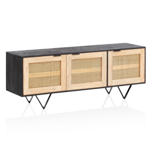 Sideboard 145 mal 55 mal 40 cm Mango Massivholz Rattan Kommode mit 3 Tueren Niedriger Kommodenschrank Schwarz Braun Standschrank Wohnzimmer Anrichte Rohrgeflecht