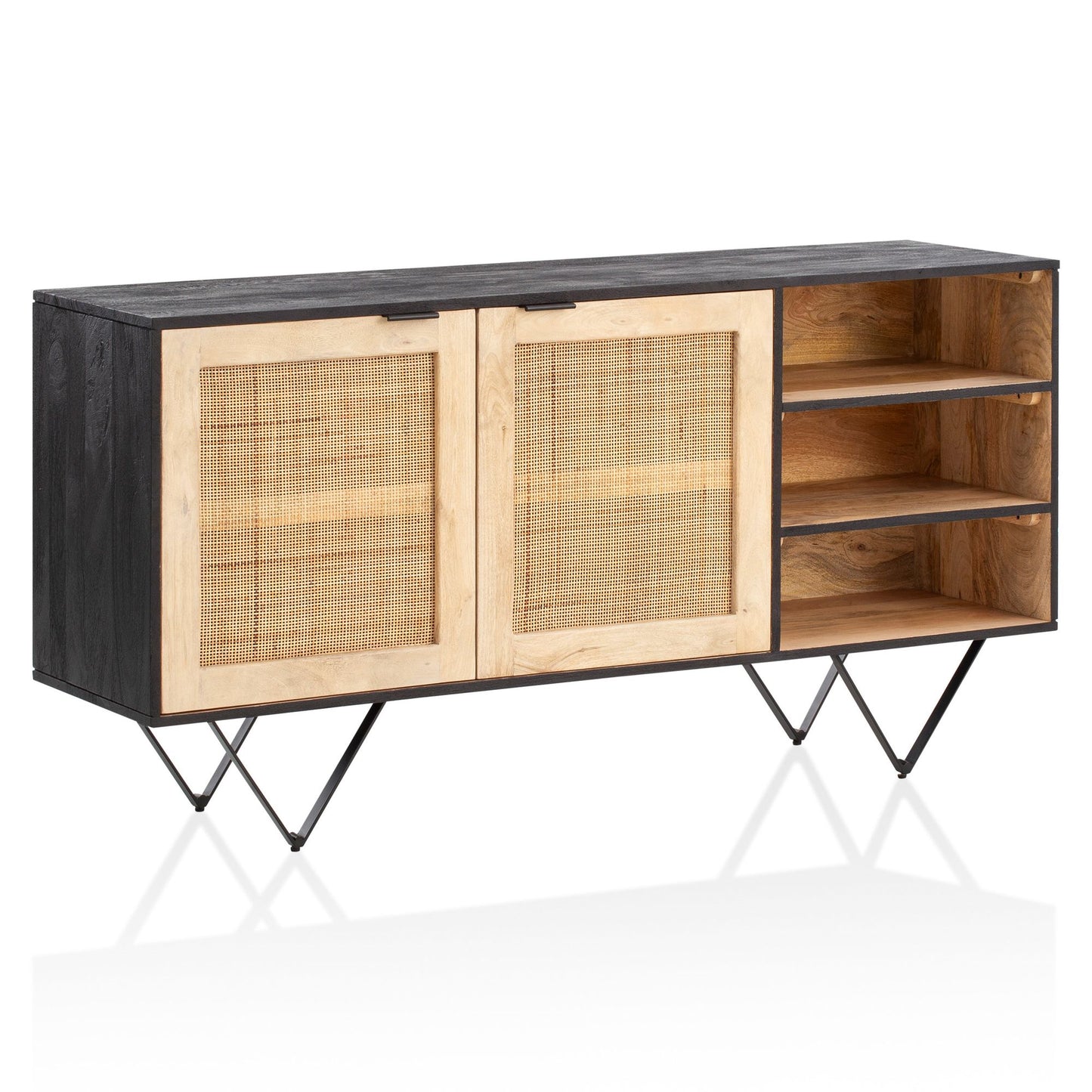 Sideboard 145 mal 75 mal 40 cm Mango Massivholz Rattan Kommode mit 2 Tueren Hoher Kommodenschrank Schwarz Braun Standschrank Wohnzimmer mit Regal Anrichte Rohrgeflecht