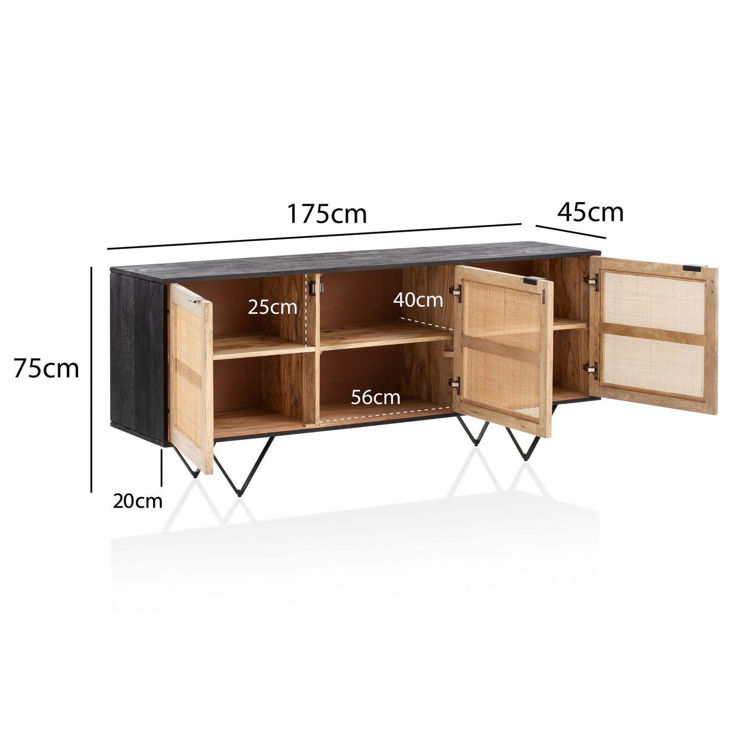 Sideboard 175 mal 75 mal 45 cm Mango Massivholz Rattan Kommode mit 3 Tueren Hoher Kommodenschrank Schwarz Braun Standschrank Wohnzimmer Anrichte Rohrgeflecht