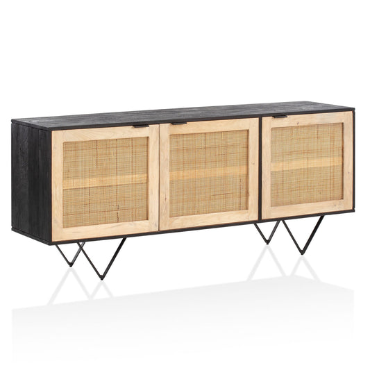 Sideboard 175 mal 75 mal 45 cm Mango Massivholz Rattan Kommode mit 3 Tueren Hoher Kommodenschrank Schwarz Braun Standschrank Wohnzimmer Anrichte Rohrgeflecht