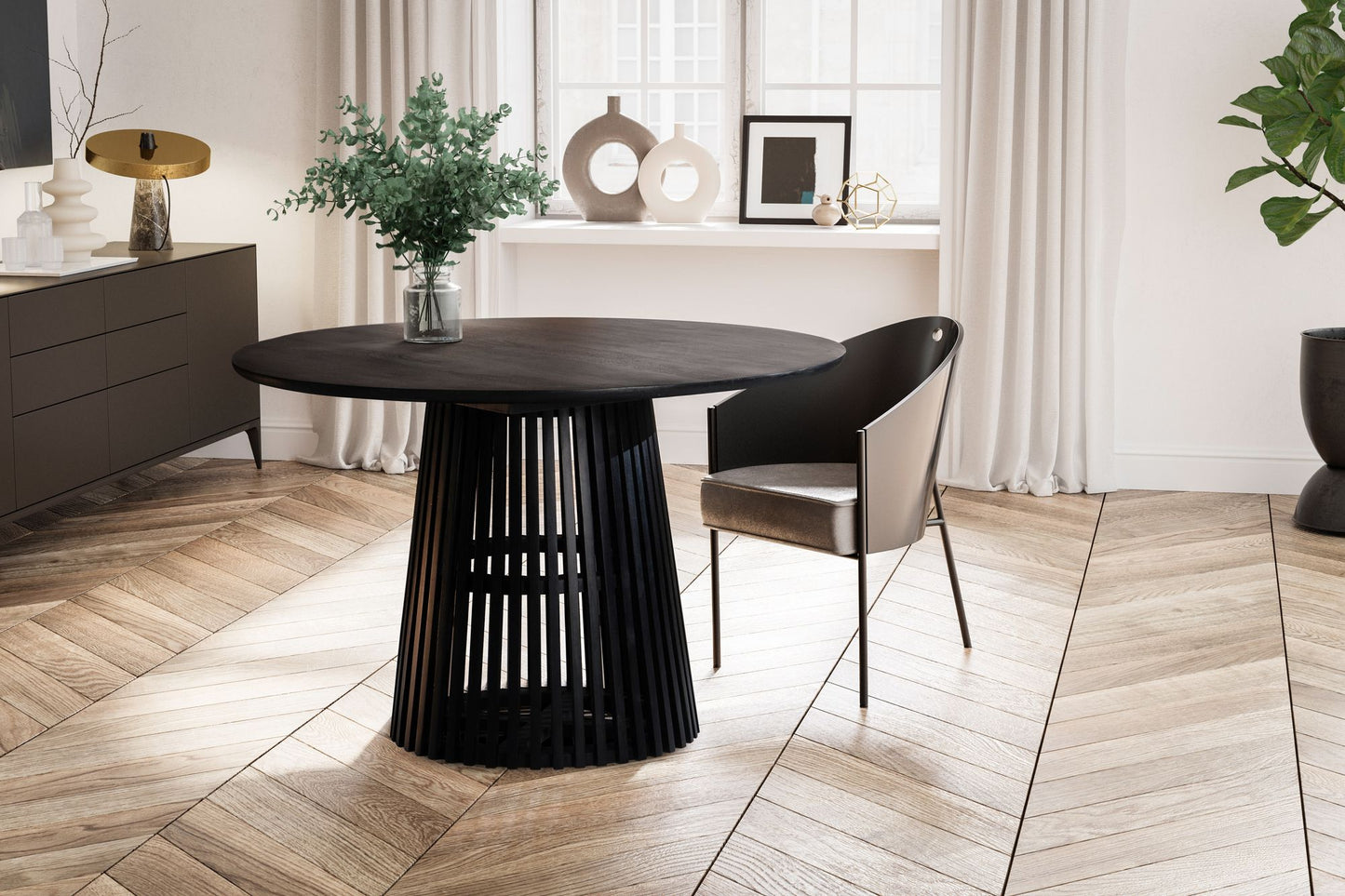 Esszimmertisch 120 mal 120 mal 77 cm Mango Massivholz Schwarz Esstisch Modern Kuechentisch Massiv mit Gittergestell Holztisch Esszimmer Rund Kleiner Speisetisch Holz