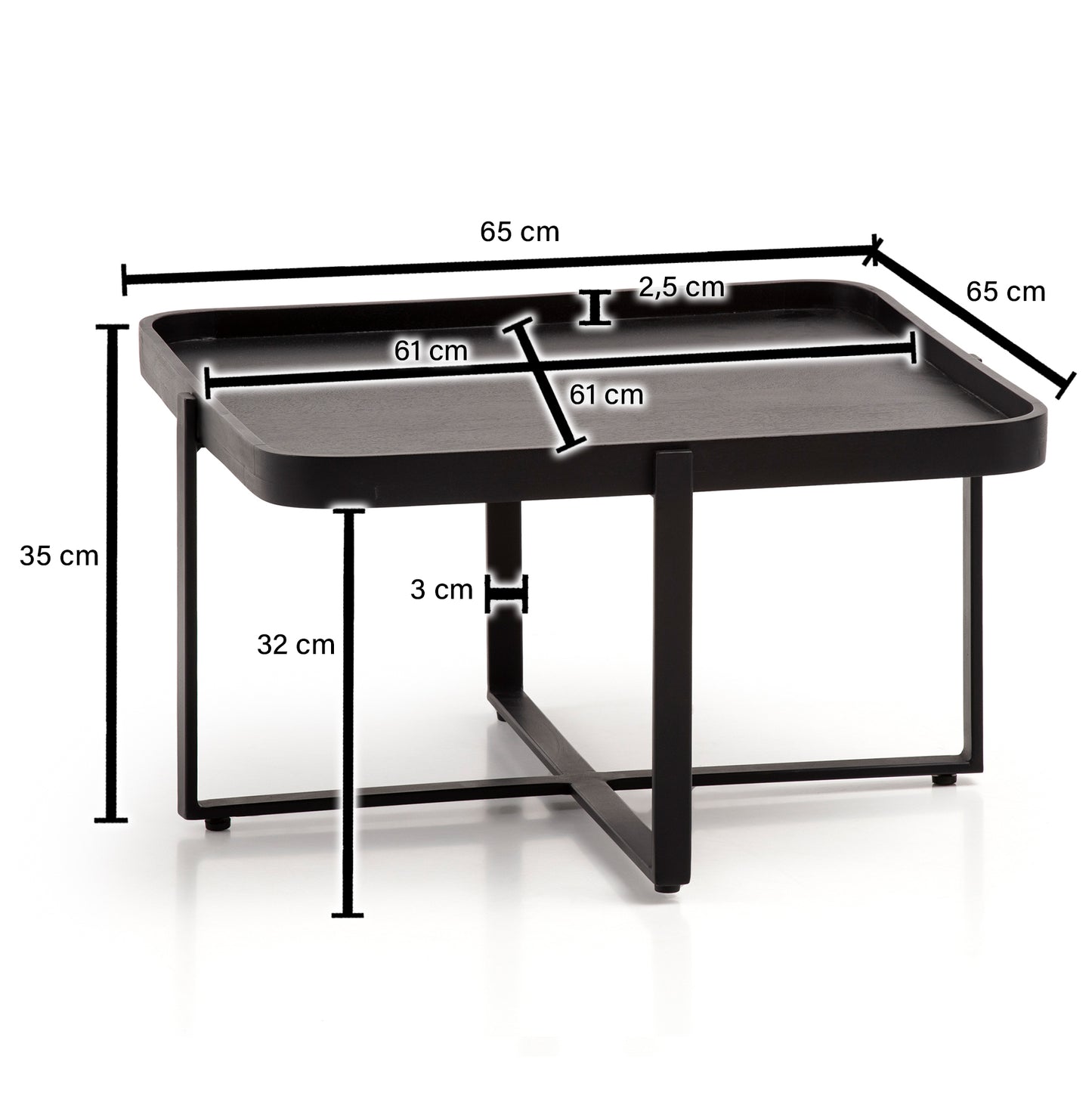 Couchtisch 65 mal 65 mal 35 cm Mango Massivholz Metall Schwarz Sofatisch Quadratisch Design Wohnzimmertisch mit erhoehtem Rand Industrial Kaffeetisch Wohnzimmer mit abgerundeten Ecken