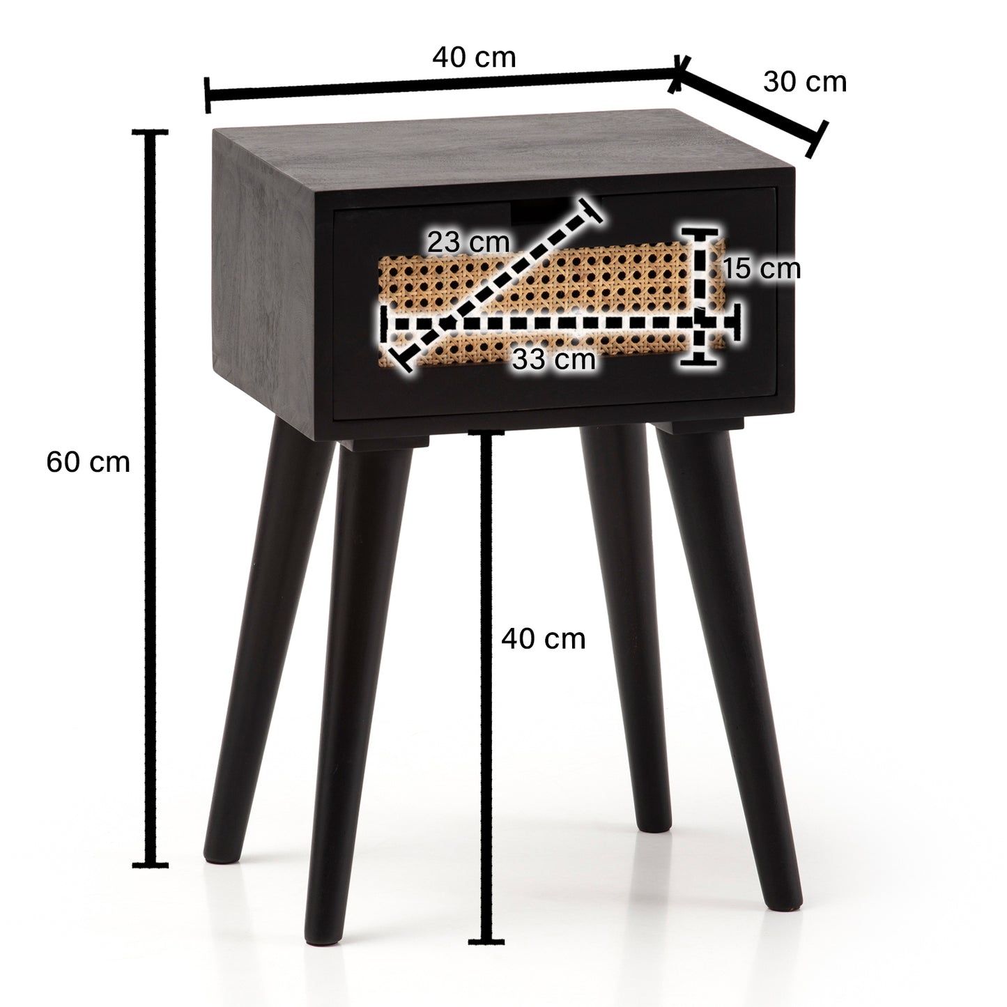 Nachtkonsole Mango Massivholz Rattan 40 mal 60 mal 30 cm Nachttisch Schwarz Nachtkommode Bo mal springbett mit Schublade Wiener Geflecht Nachtkaestchen mit Stauraum