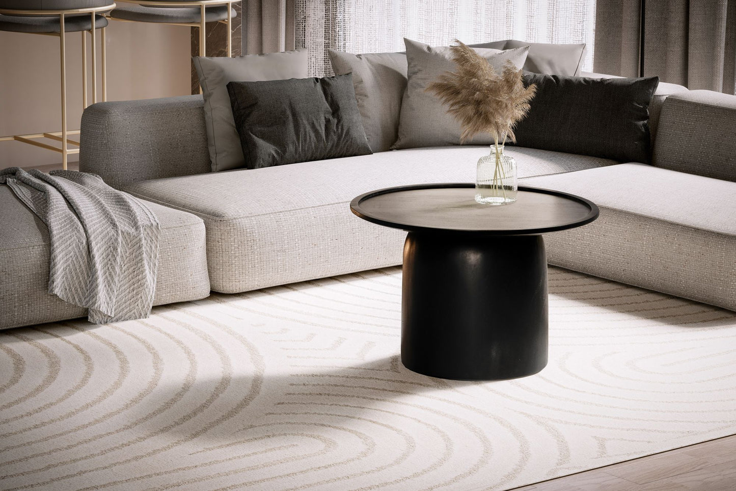 Couchtisch 60 mal 60 mal 40 cm Mango Massivholz Schwarz Sofatisch Rund Design Wohnzimmertisch mit erhoehtem Rand Kaffeetisch Wohnzimmer Modern mit Trommelgestell