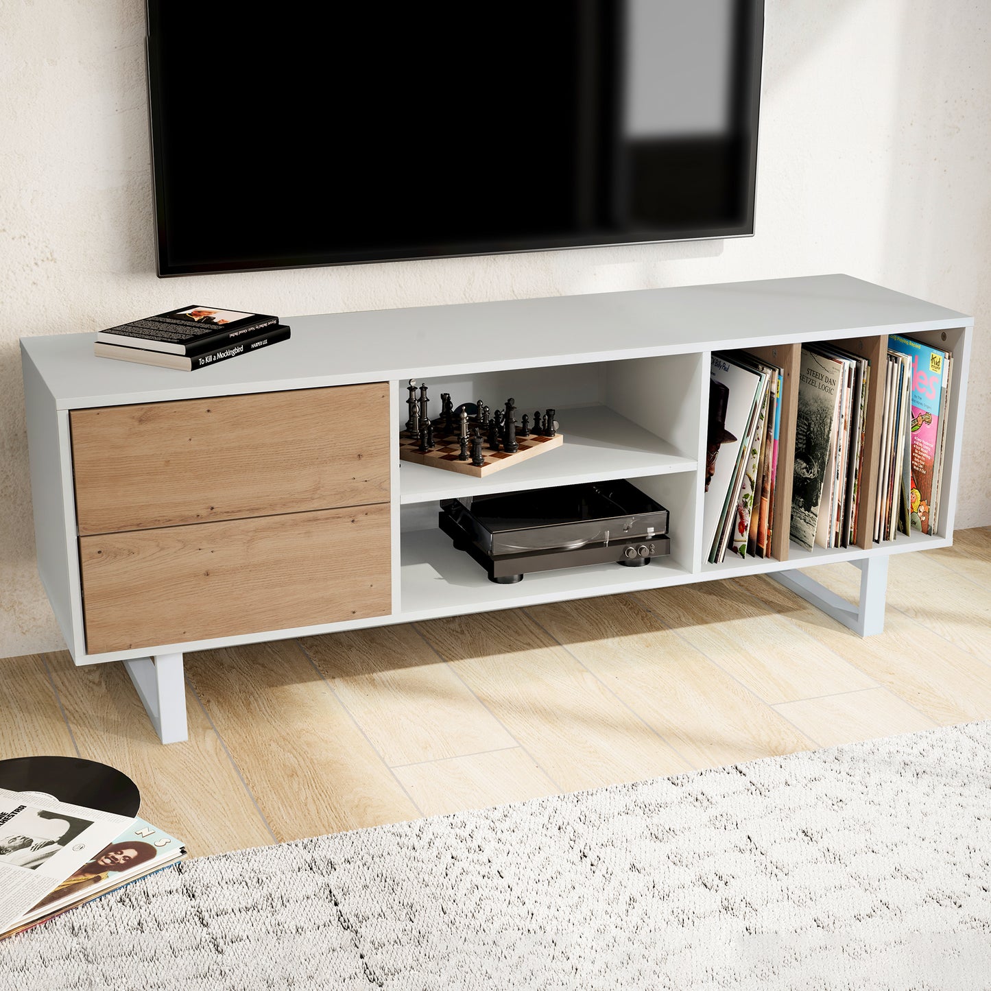 Lowboard Weiss mit Eiche Dekor 150 mal 55 mal 40 cm TV Kommode Modern Design TV Schrank Hoch Fernsehtisch Fernsehschrank mit Schubladen und Regal Fernsehkommode Wohnzimmer