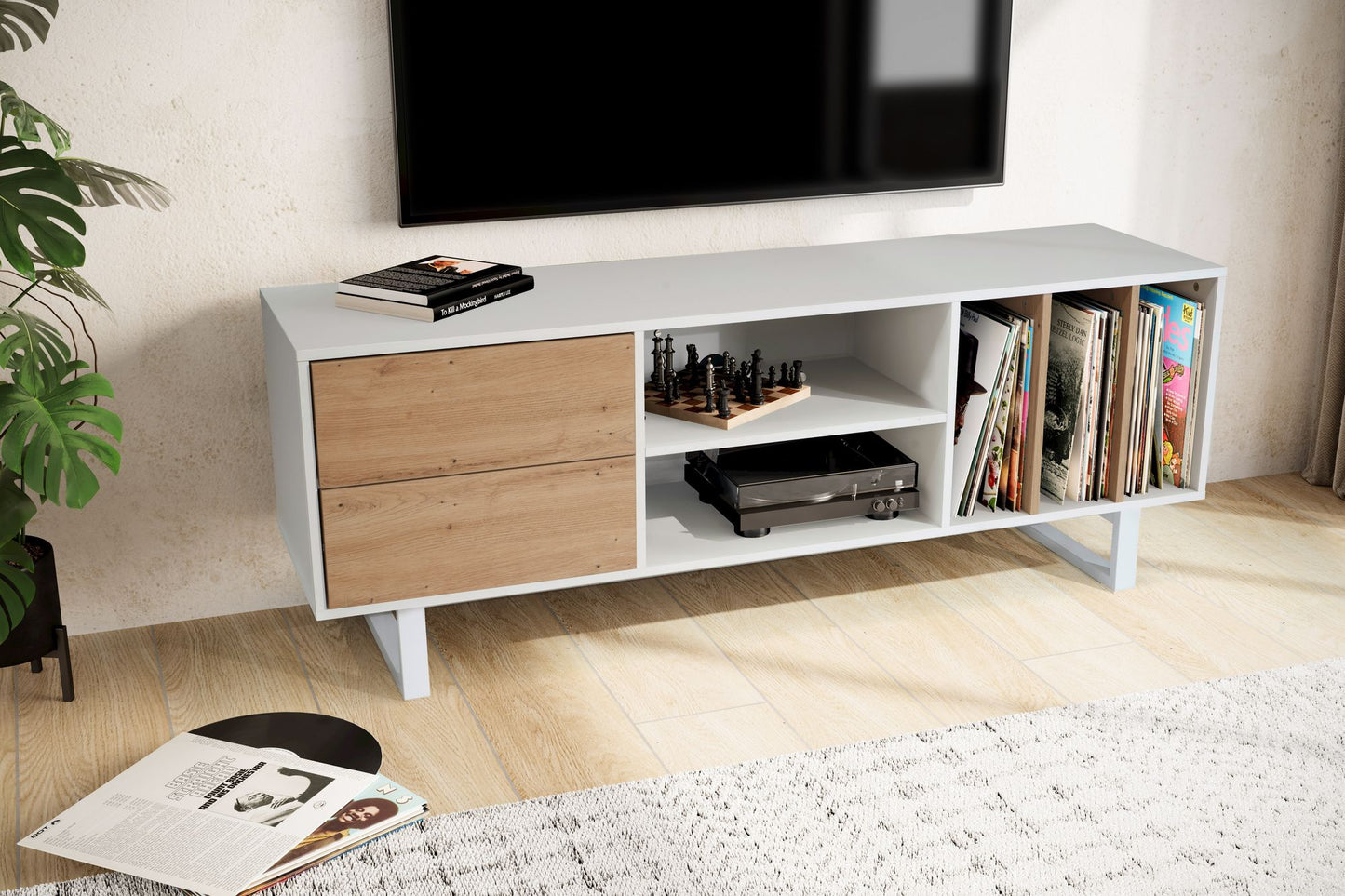 Lowboard Weiss mit Eiche Dekor 150 mal 55 mal 40 cm TV Kommode Modern Design TV Schrank Hoch Fernsehtisch Fernsehschrank mit Schubladen und Regal Fernsehkommode Wohnzimmer