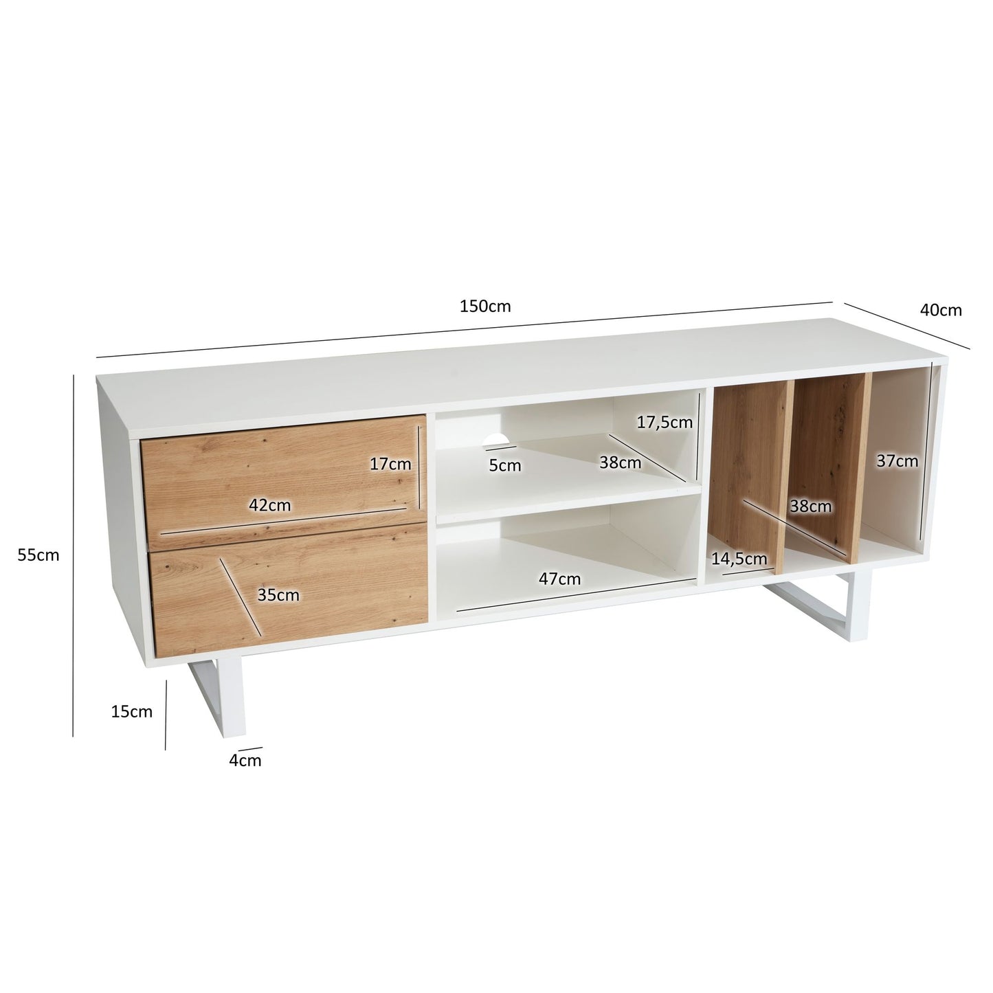 Lowboard Weiss mit Eiche Dekor 150 mal 55 mal 40 cm TV Kommode Modern Design TV Schrank Hoch Fernsehtisch Fernsehschrank mit Schubladen und Regal Fernsehkommode Wohnzimmer