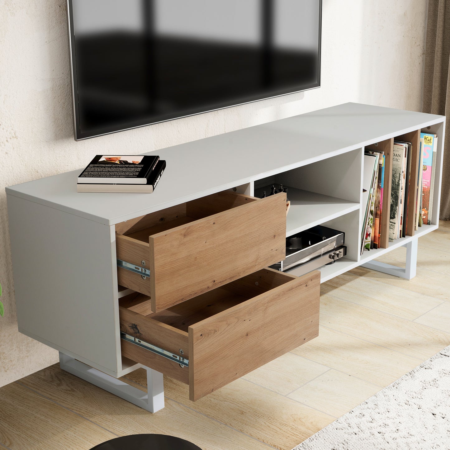 Lowboard Weiss mit Eiche Dekor 150 mal 55 mal 40 cm TV Kommode Modern Design TV Schrank Hoch Fernsehtisch Fernsehschrank mit Schubladen und Regal Fernsehkommode Wohnzimmer