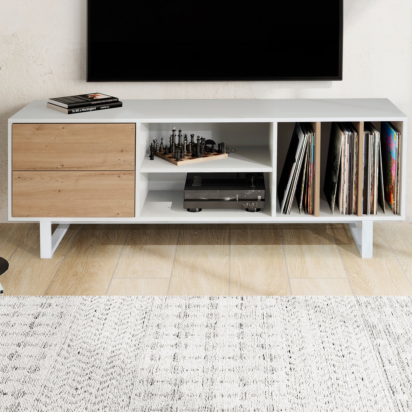 Lowboard Weiss mit Eiche Dekor 150 mal 55 mal 40 cm TV Kommode Modern Design TV Schrank Hoch Fernsehtisch Fernsehschrank mit Schubladen und Regal Fernsehkommode Wohnzimmer