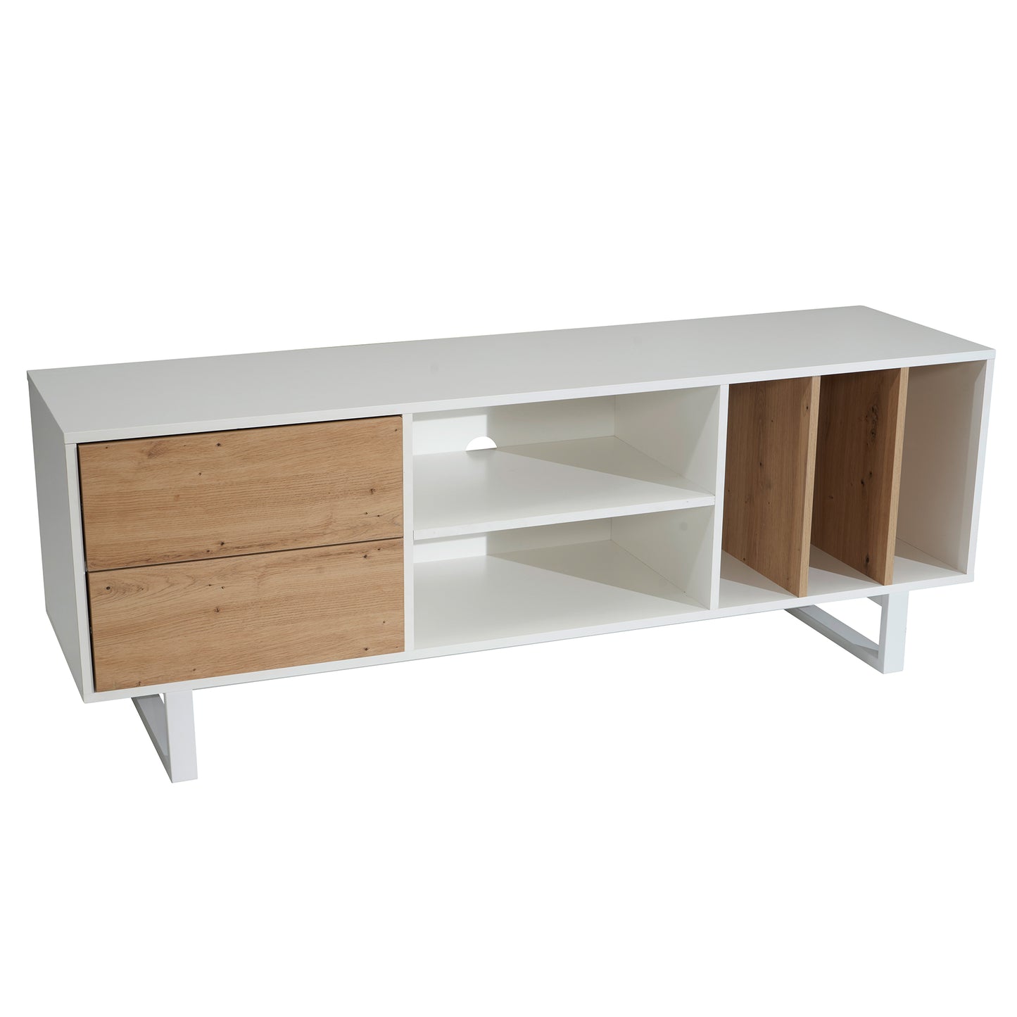 Lowboard Weiss mit Eiche Dekor 150 mal 55 mal 40 cm TV Kommode Modern Design TV Schrank Hoch Fernsehtisch Fernsehschrank mit Schubladen und Regal Fernsehkommode Wohnzimmer