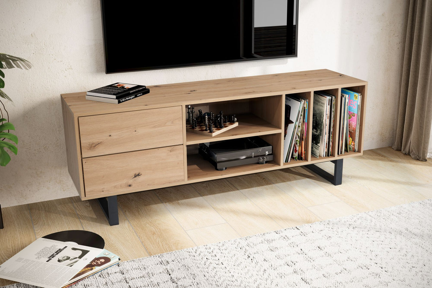 Lowboard Eiche Dekor 150 mal 55 mal 40 cm TV Kommode Modern Design TV Schrank Hoch Fernsehtisch Fernsehschrank mit Schubladen und Regal Fernsehkommode Wohnzimmer