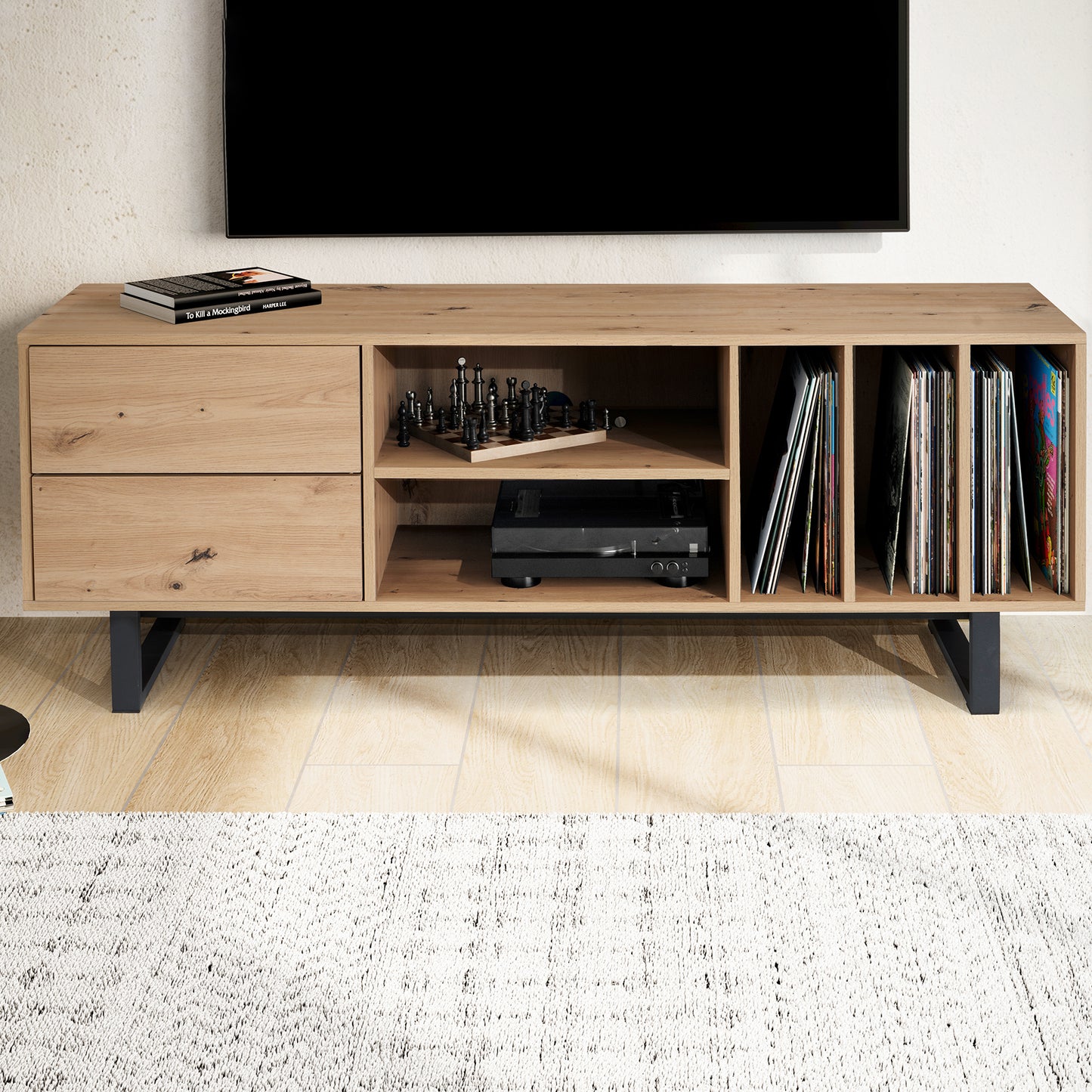 Lowboard Eiche Dekor 150 mal 55 mal 40 cm TV Kommode Modern Design TV Schrank Hoch Fernsehtisch Fernsehschrank mit Schubladen und Regal Fernsehkommode Wohnzimmer