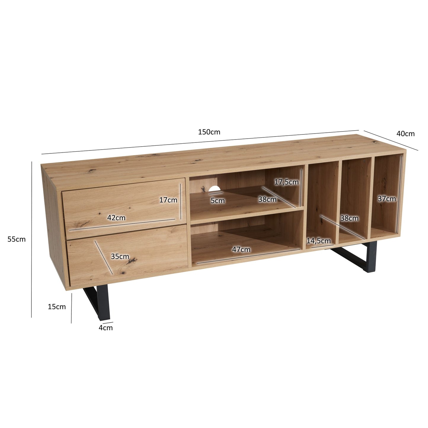 Lowboard Eiche Dekor 150 mal 55 mal 40 cm TV Kommode Modern Design TV Schrank Hoch Fernsehtisch Fernsehschrank mit Schubladen und Regal Fernsehkommode Wohnzimmer