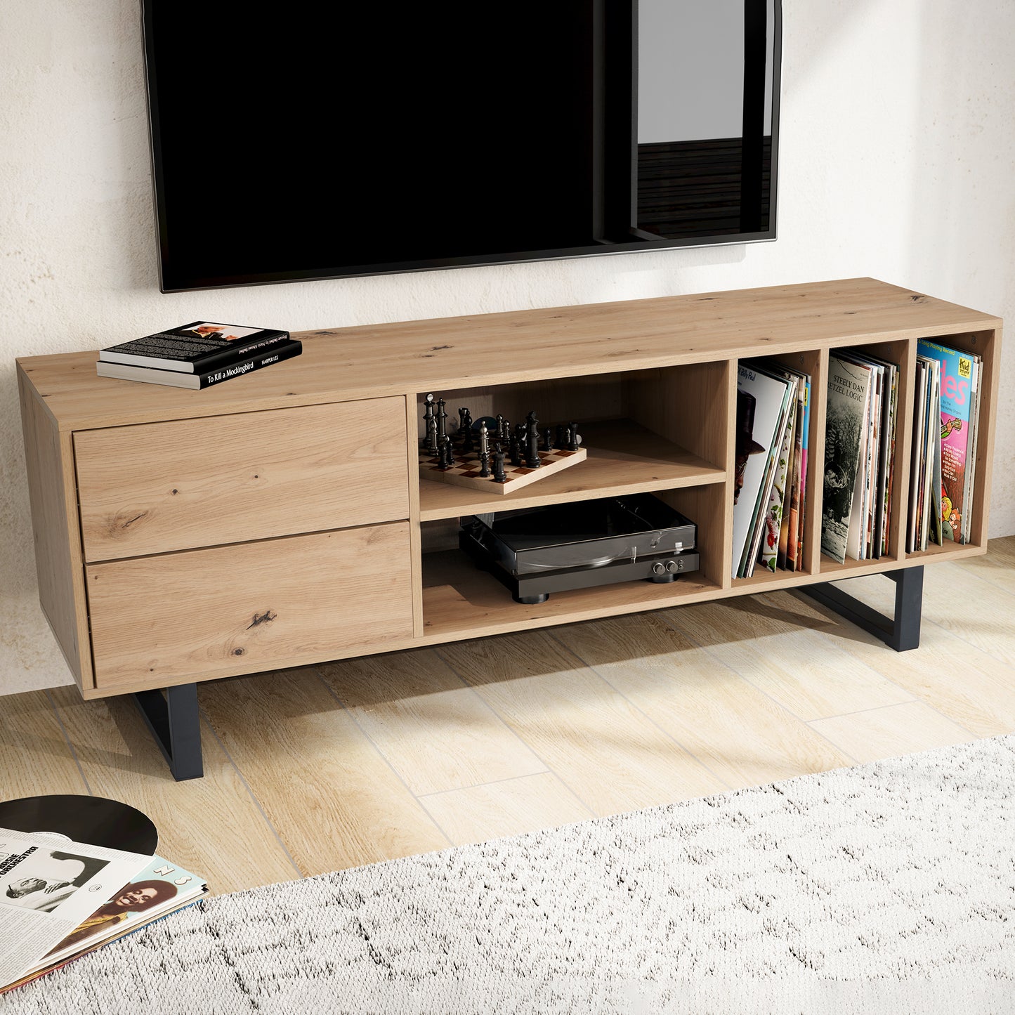 Lowboard Eiche Dekor 150 mal 55 mal 40 cm TV Kommode Modern Design TV Schrank Hoch Fernsehtisch Fernsehschrank mit Schubladen und Regal Fernsehkommode Wohnzimmer