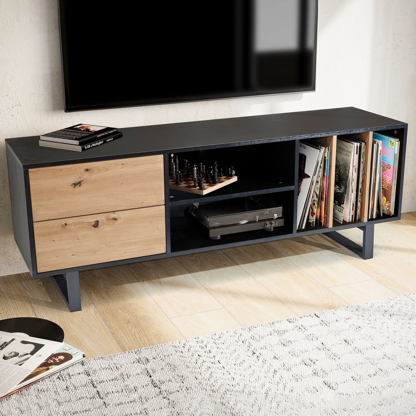 Lowboard Schwarz mit Eiche Dekor 150 mal 55 mal 40 cm TV Kommode Modern Design TV Schrank Hoch Fernsehtisch Fernsehschrank mit Schubladen und Regal Fernsehkommode Wohnzimmer