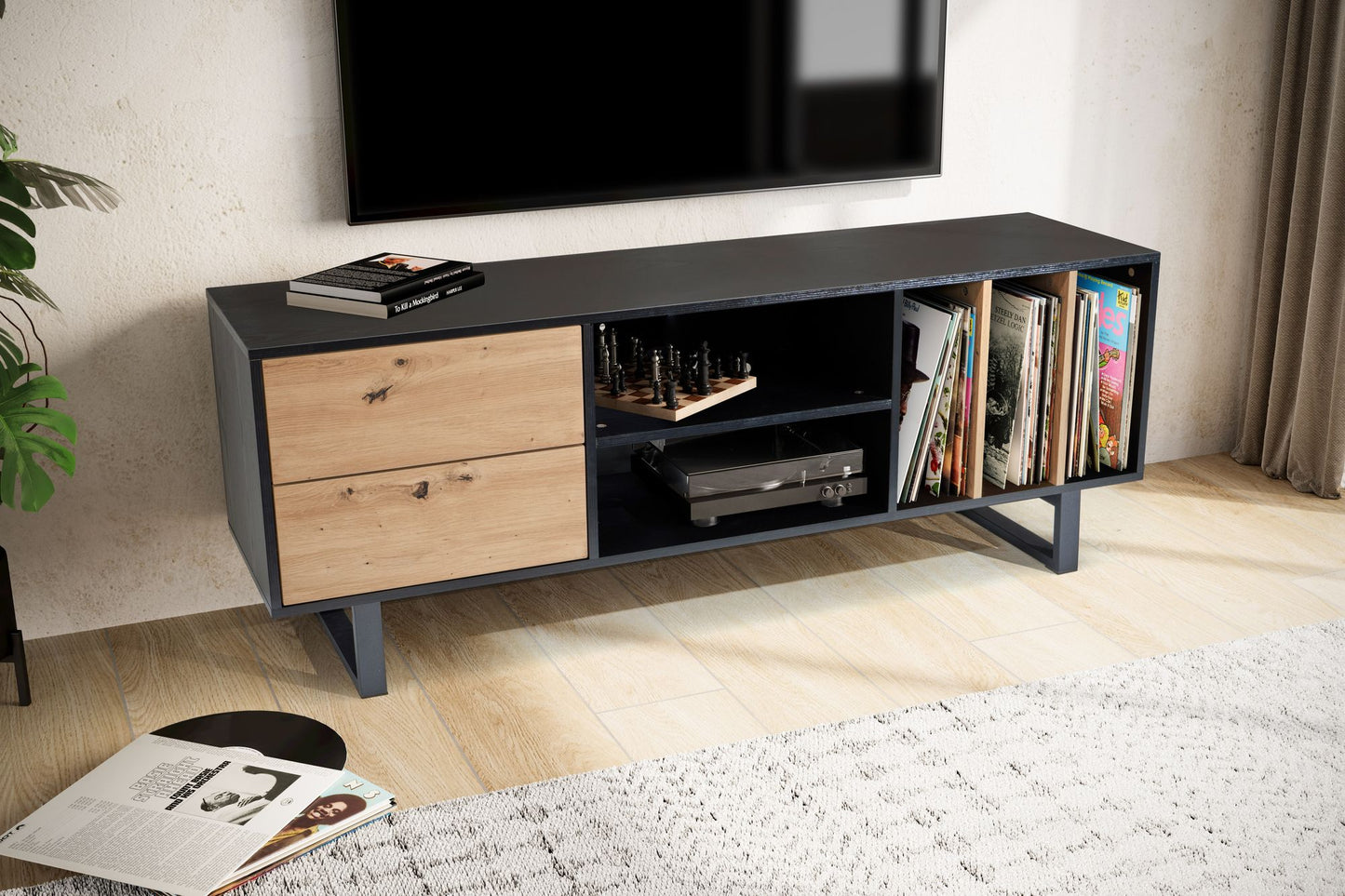 Lowboard Schwarz mit Eiche Dekor 150 mal 55 mal 40 cm TV Kommode Modern Design TV Schrank Hoch Fernsehtisch Fernsehschrank mit Schubladen und Regal Fernsehkommode Wohnzimmer