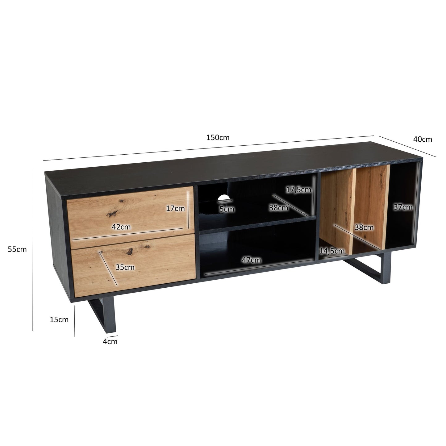 Lowboard Schwarz mit Eiche Dekor 150 mal 55 mal 40 cm TV Kommode Modern Design TV Schrank Hoch Fernsehtisch Fernsehschrank mit Schubladen und Regal Fernsehkommode Wohnzimmer