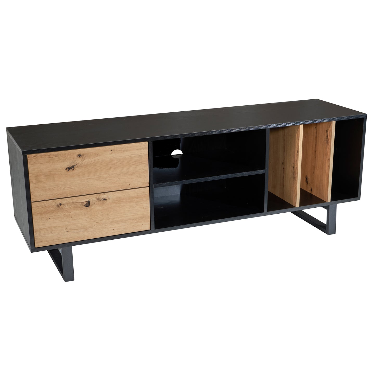 Lowboard Schwarz mit Eiche Dekor 150 mal 55 mal 40 cm TV Kommode Modern Design TV Schrank Hoch Fernsehtisch Fernsehschrank mit Schubladen und Regal Fernsehkommode Wohnzimmer