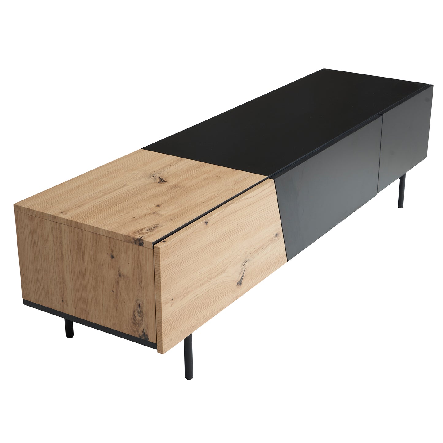 Lowboard Schwarz mit Eiche Dekor 150 mal 40 mal 40 cm TV Kommode Modern Design TV Schrank Niedrig Fernsehtisch Fernsehschrank mit Tueren und Schublade Fernsehkommode Wohnzimmer