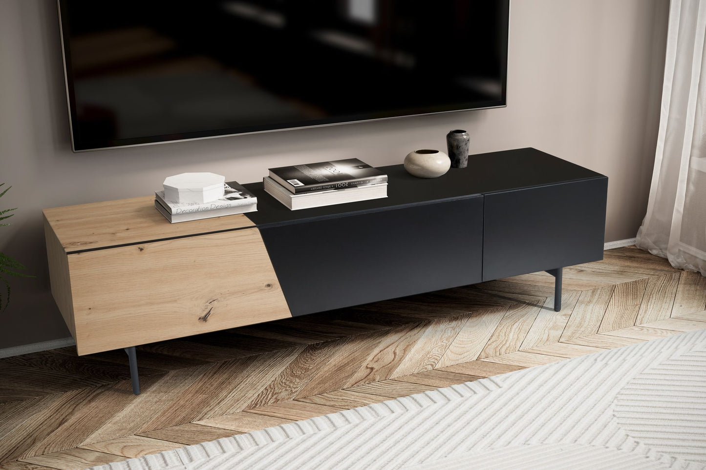 Lowboard Schwarz mit Eiche Dekor 150 mal 40 mal 40 cm TV Kommode Modern Design TV Schrank Niedrig Fernsehtisch Fernsehschrank mit Tueren und Schublade Fernsehkommode Wohnzimmer