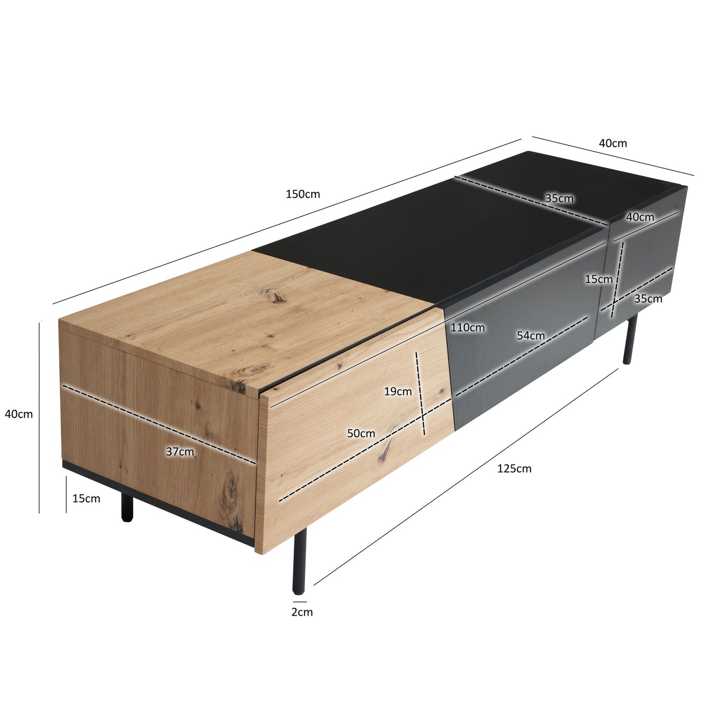 Lowboard Schwarz mit Eiche Dekor 150 mal 40 mal 40 cm TV Kommode Modern Design TV Schrank Niedrig Fernsehtisch Fernsehschrank mit Tueren und Schublade Fernsehkommode Wohnzimmer