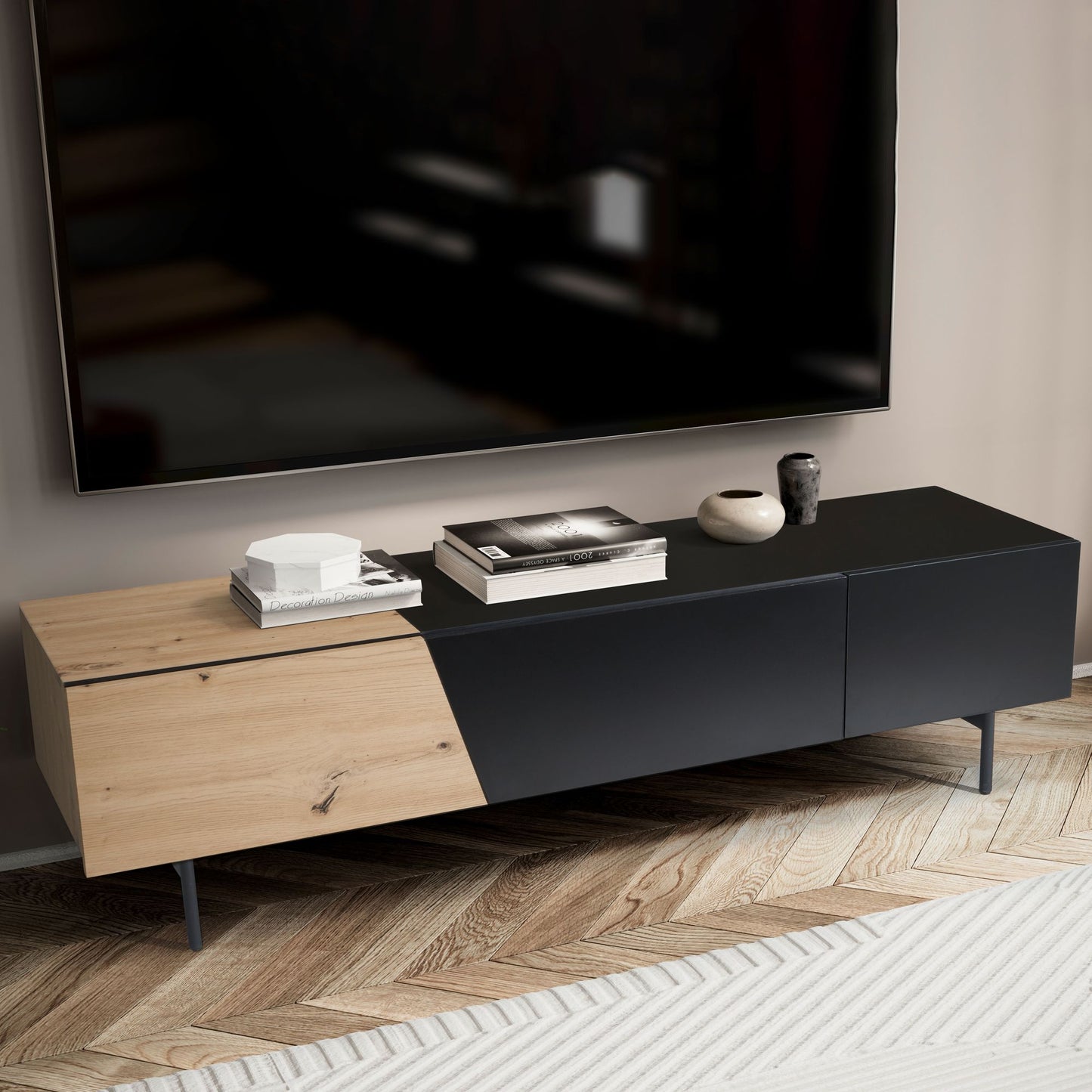 Lowboard Schwarz mit Eiche Dekor 150 mal 40 mal 40 cm TV Kommode Modern Design TV Schrank Niedrig Fernsehtisch Fernsehschrank mit Tueren und Schublade Fernsehkommode Wohnzimmer