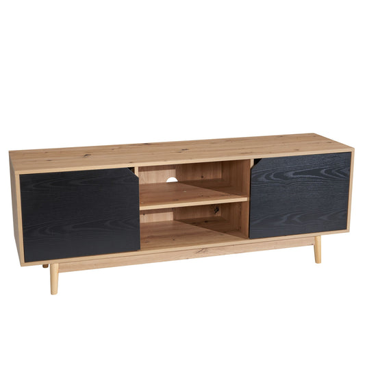 Lowboard Eiche Dekor Schwarz 150 mal 55 mal 40 cm TV Kommode Modern Design TV Schrank Hoch Fernsehtisch Fernsehschrank mit zwei Tueren Fernsehkommode Wohnzimmer