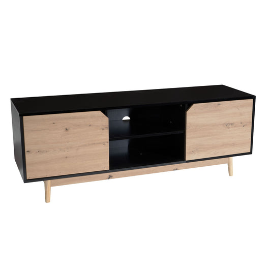 Lowboard Schwarz Eiche Dekor 150 mal 55 mal 40 cm TV Kommode Modern Design TV Schrank Hoch Fernsehtisch Fernsehschrank mit zwei Tueren Fernsehkommode Wohnzimmer