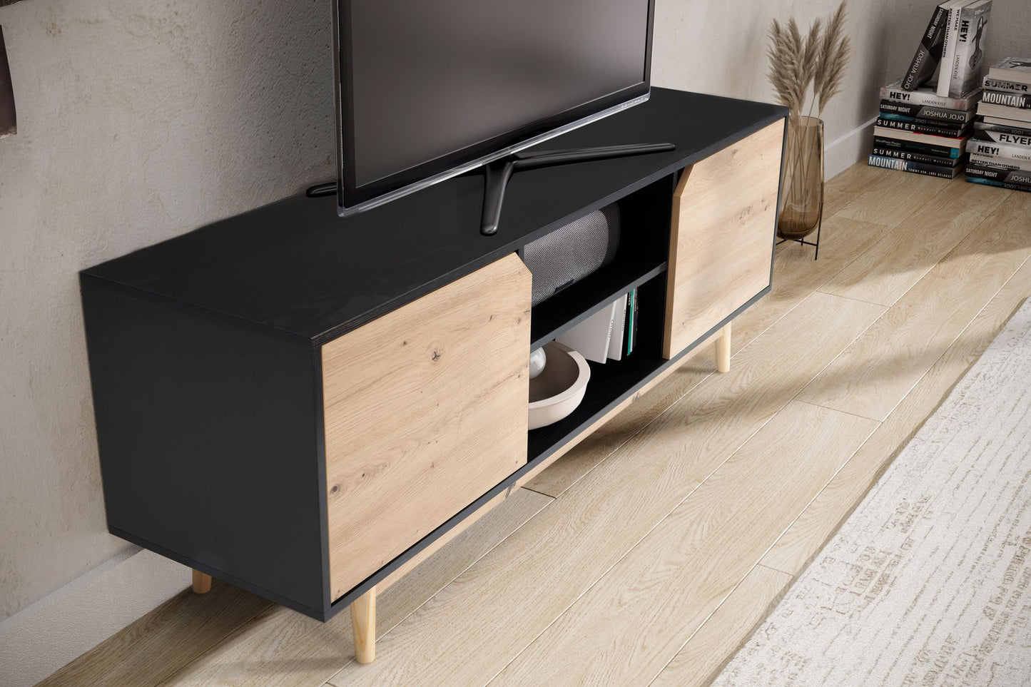 Lowboard Schwarz Eiche Dekor 150 mal 55 mal 40 cm TV Kommode Modern Design TV Schrank Hoch Fernsehtisch Fernsehschrank mit zwei Tueren Fernsehkommode Wohnzimmer