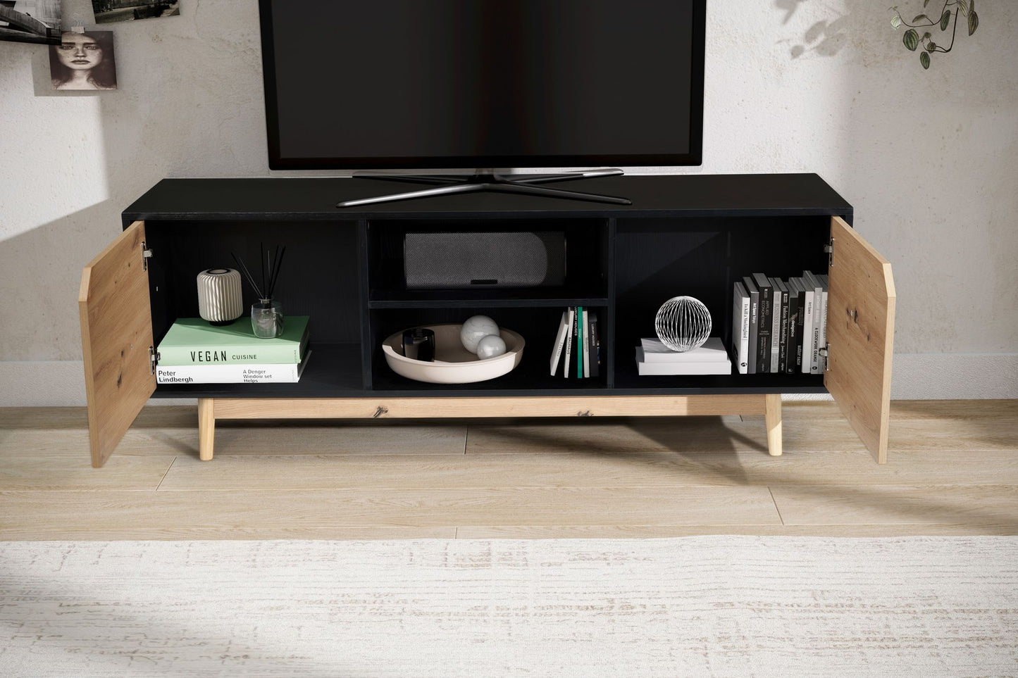 Lowboard Schwarz Eiche Dekor 150 mal 55 mal 40 cm TV Kommode Modern Design TV Schrank Hoch Fernsehtisch Fernsehschrank mit zwei Tueren Fernsehkommode Wohnzimmer