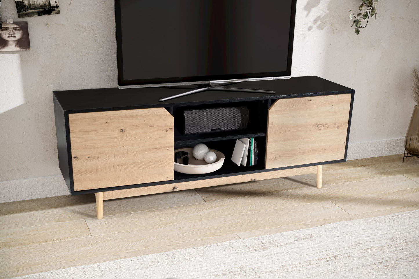 Lowboard Schwarz Eiche Dekor 150 mal 55 mal 40 cm TV Kommode Modern Design TV Schrank Hoch Fernsehtisch Fernsehschrank mit zwei Tueren Fernsehkommode Wohnzimmer