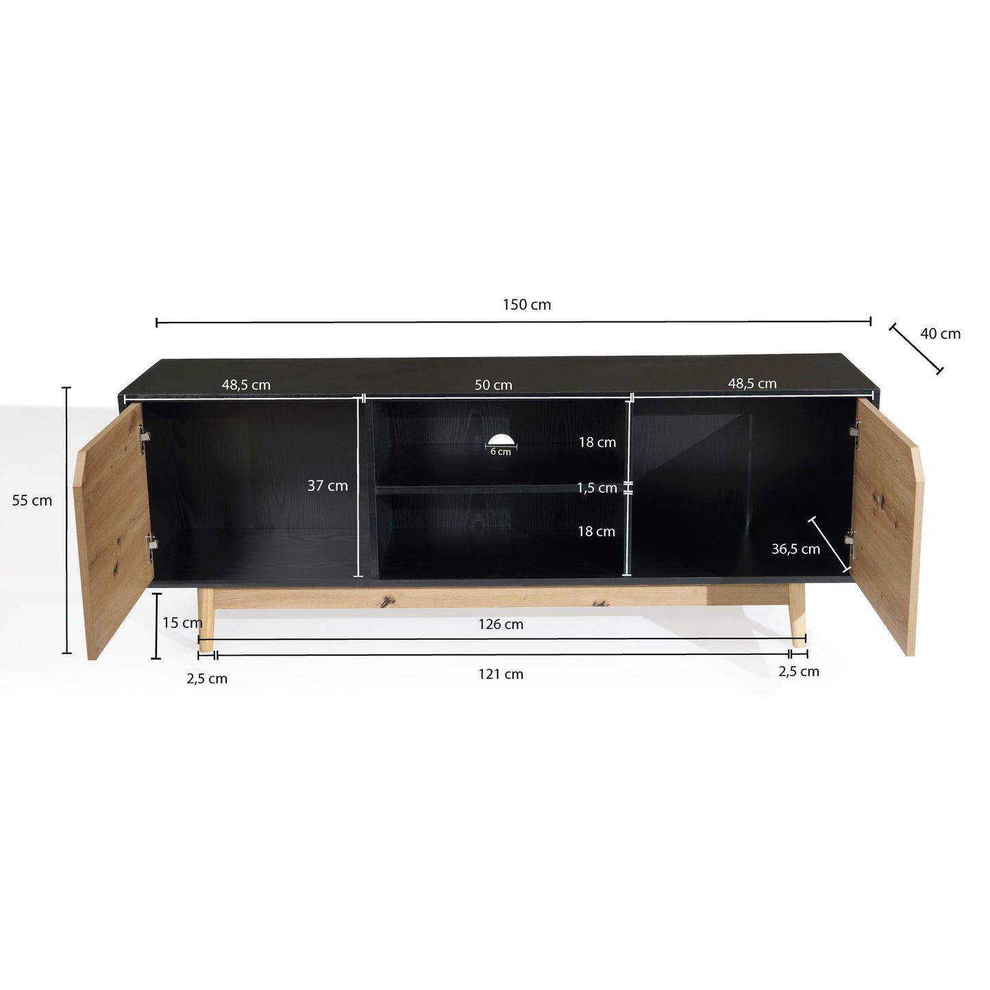 Lowboard Schwarz Eiche Dekor 150 mal 55 mal 40 cm TV Kommode Modern Design TV Schrank Hoch Fernsehtisch Fernsehschrank mit zwei Tueren Fernsehkommode Wohnzimmer