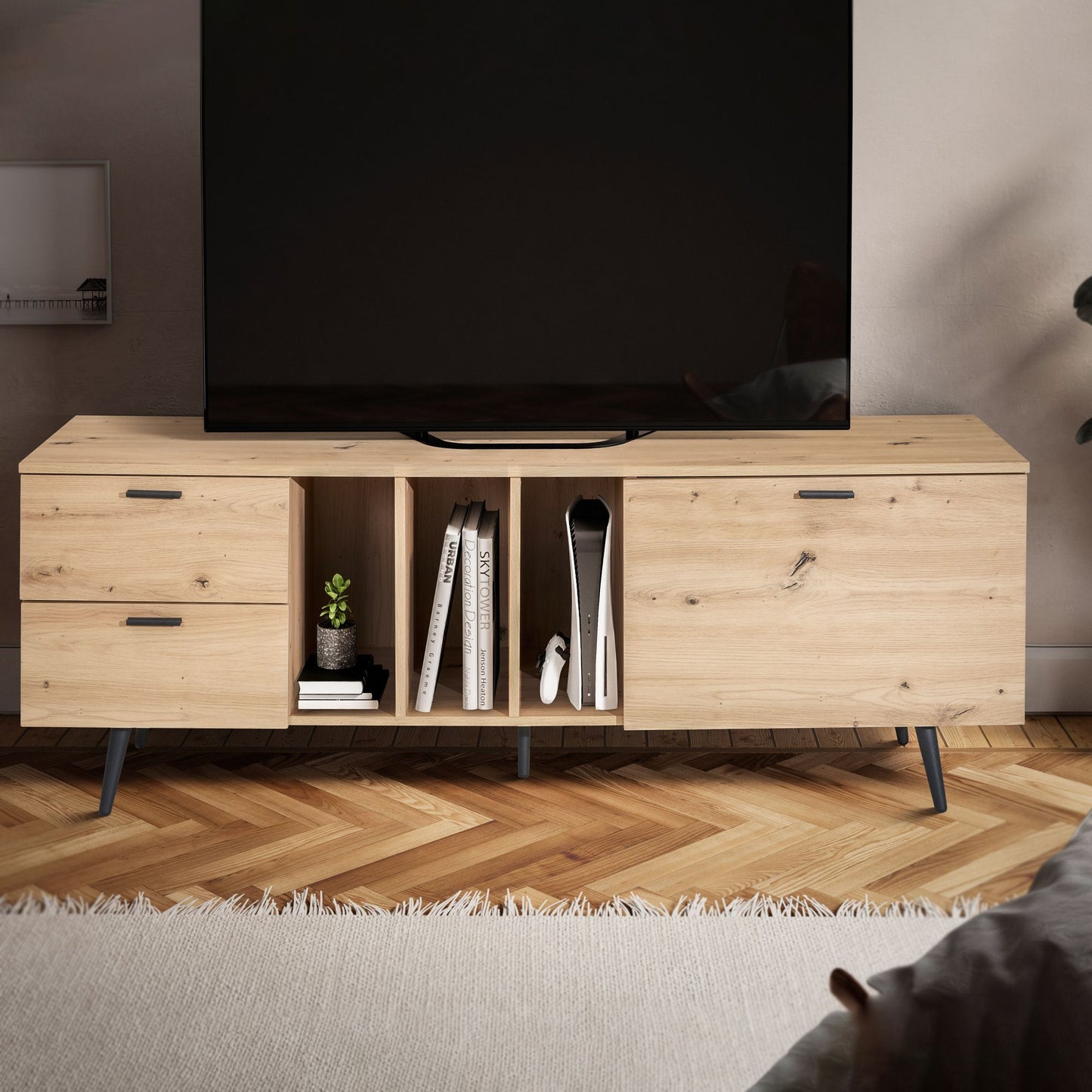 Lowboard Eiche Dekor 150 mal 55 mal 40 cm Design TV Kommode Modern TV Schrank Hoch Fernsehtisch Fernsehschrank mit Tuer und Schubladen Fernsehkommode Wohnzimmer Modern