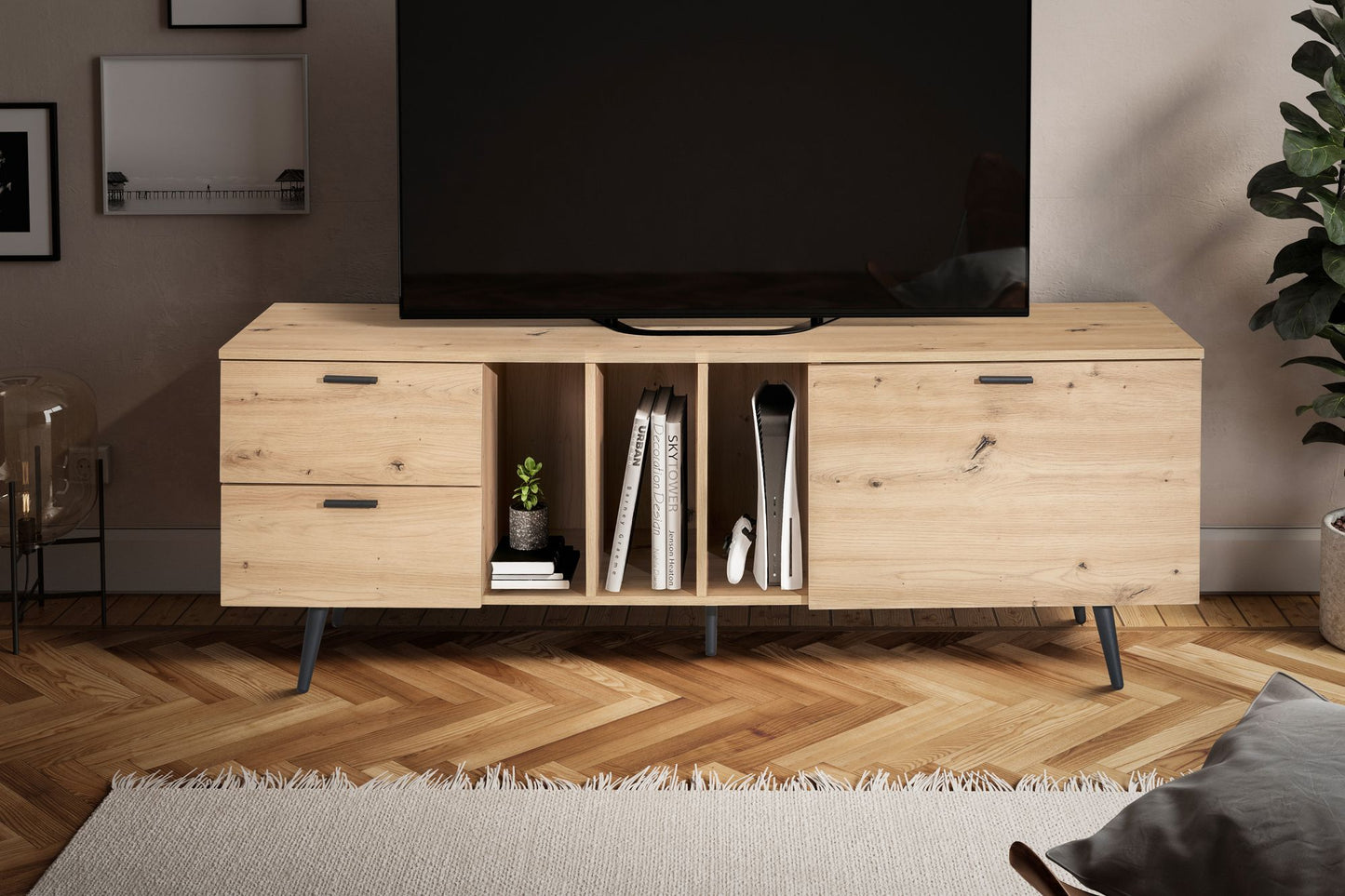 Lowboard Eiche Dekor 150 mal 55 mal 40 cm Design TV Kommode Modern TV Schrank Hoch Fernsehtisch Fernsehschrank mit Tuer und Schubladen Fernsehkommode Wohnzimmer Modern