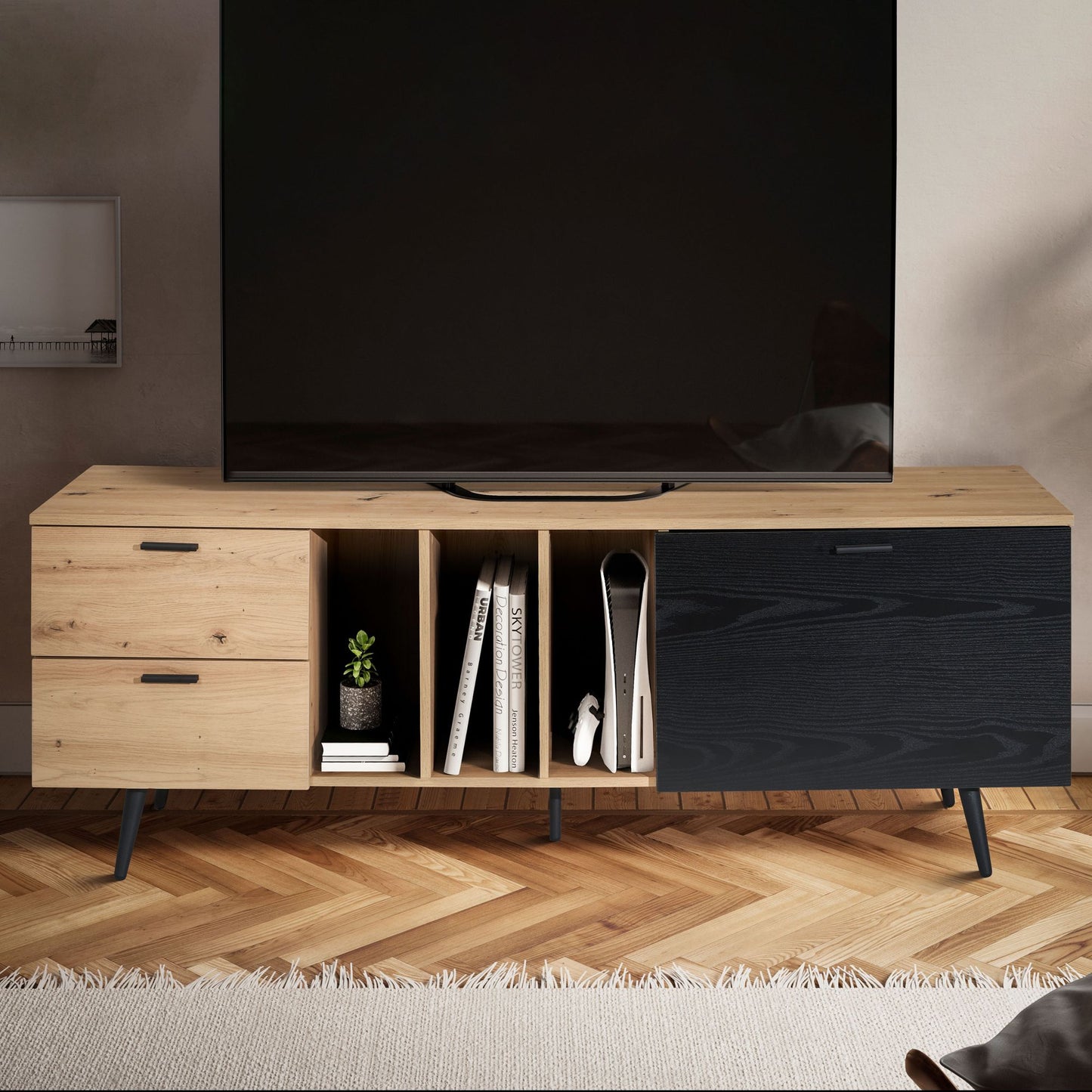 Lowboard Eiche Dekor Schwarz 150 mal 55 mal 40 cm Design TV Kommode Modern TV Schrank Hoch Fernsehtisch Fernsehschrank mit Tuer und Schubladen Fernsehkommode Wohnzimmer Modern