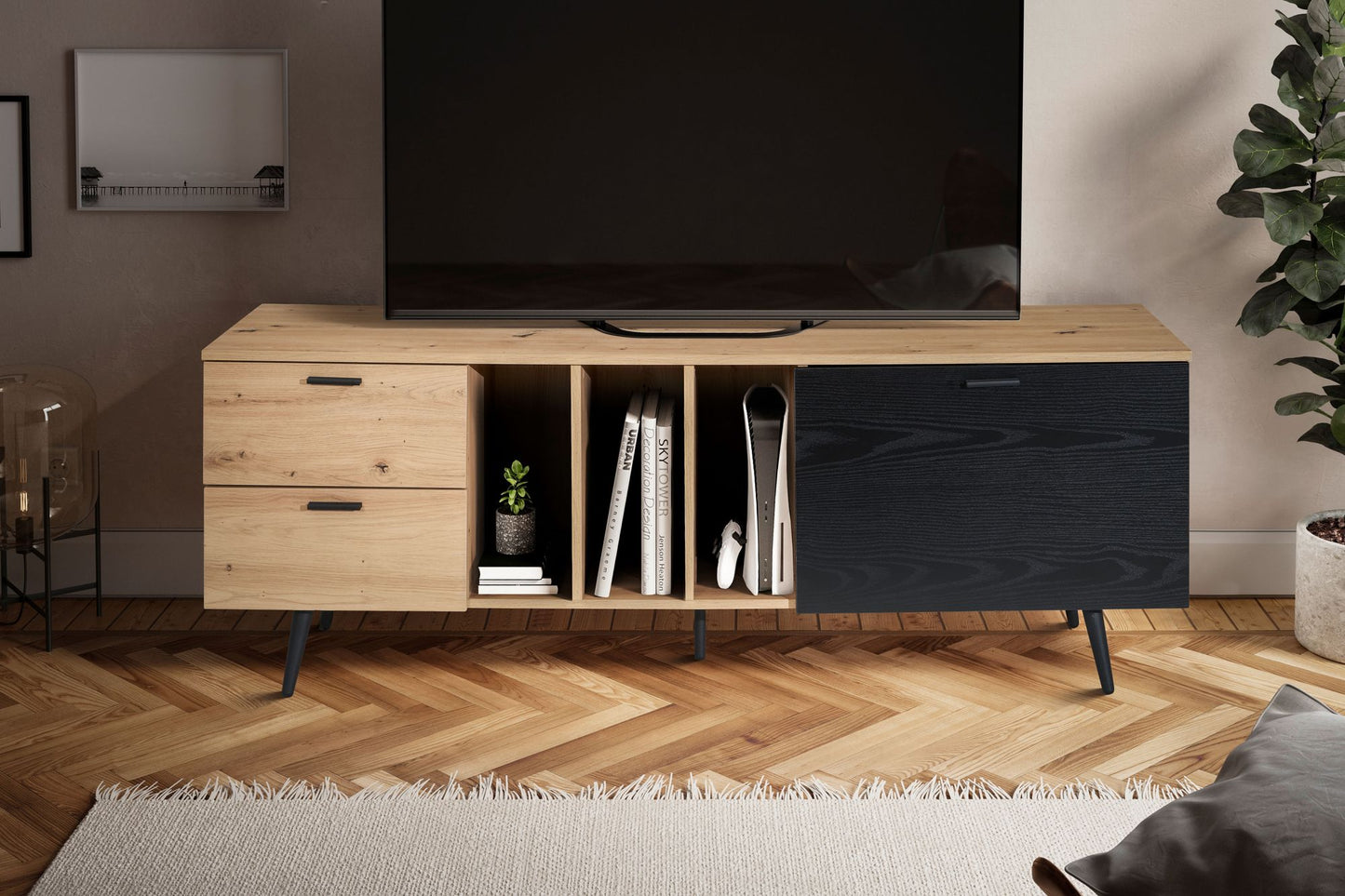 Lowboard Eiche Dekor Schwarz 150 mal 55 mal 40 cm Design TV Kommode Modern TV Schrank Hoch Fernsehtisch Fernsehschrank mit Tuer und Schubladen Fernsehkommode Wohnzimmer Modern