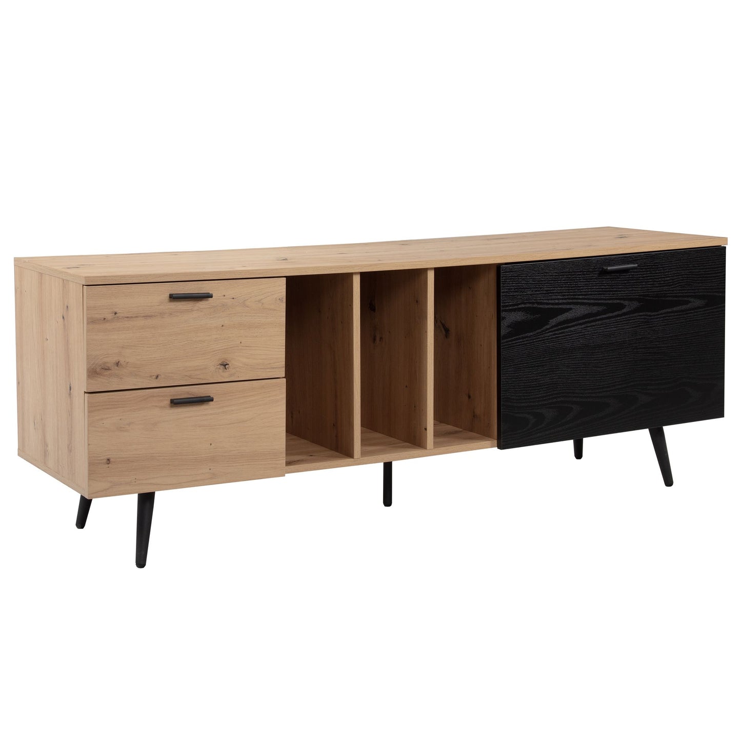 Lowboard Eiche Dekor Schwarz 150 mal 55 mal 40 cm Design TV Kommode Modern TV Schrank Hoch Fernsehtisch Fernsehschrank mit Tuer und Schubladen Fernsehkommode Wohnzimmer Modern