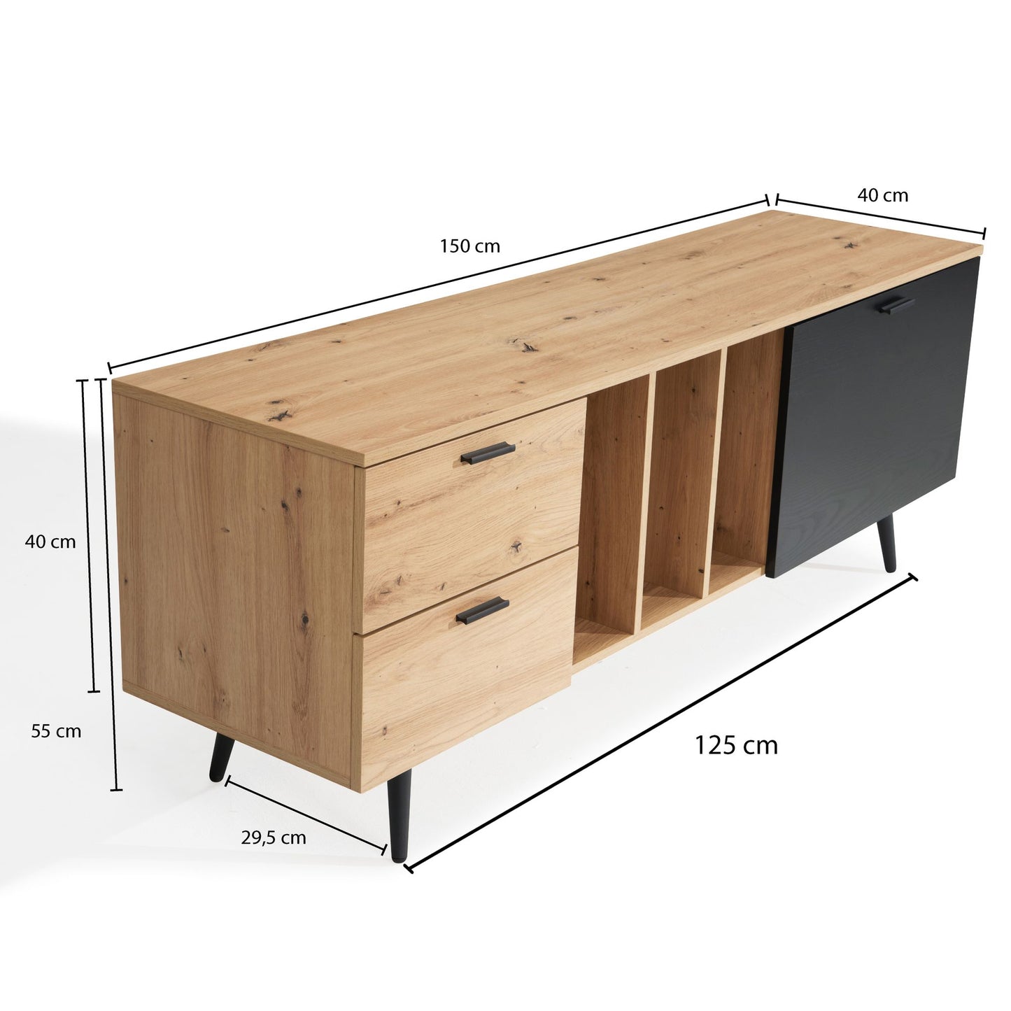 Lowboard Eiche Dekor Schwarz 150 mal 55 mal 40 cm Design TV Kommode Modern TV Schrank Hoch Fernsehtisch Fernsehschrank mit Tuer und Schubladen Fernsehkommode Wohnzimmer Modern