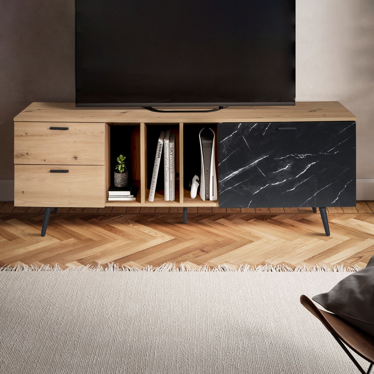 Lowboard Eiche Dekor mit Marmor Look in Schwarz 150 mal 55 mal 40 cm TV Kommode Design TV Schrank Hoch Modern Fernsehtisch Fernsehschrank mit Tuer und Schubladen Fernsehkommode Wohnzimmer Modern