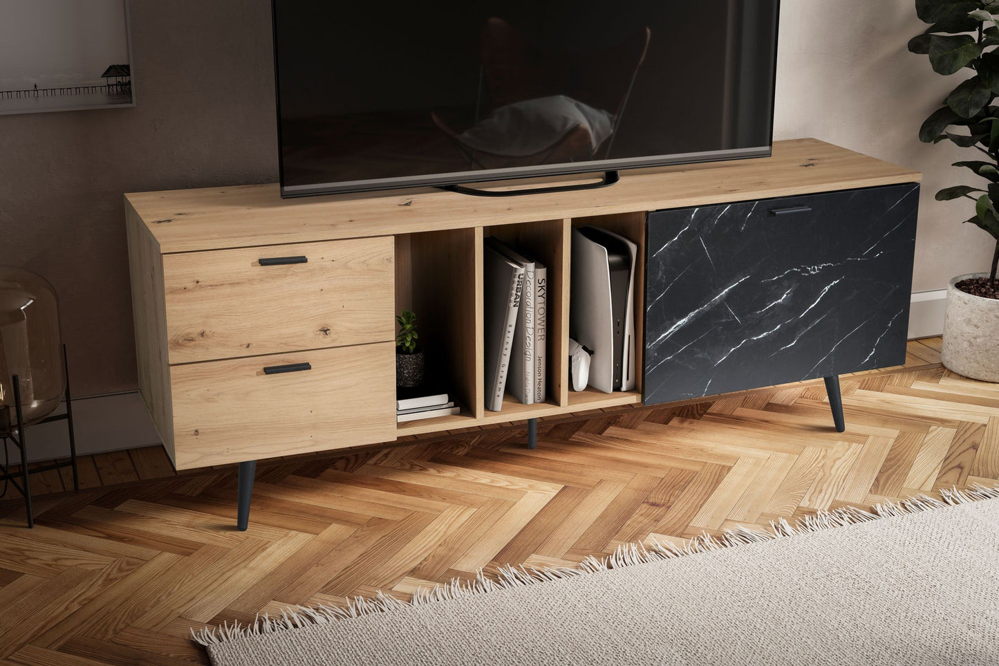 Lowboard Eiche Dekor mit Marmor Look in Schwarz 150 mal 55 mal 40 cm TV Kommode Design TV Schrank Hoch Modern Fernsehtisch Fernsehschrank mit Tuer und Schubladen Fernsehkommode Wohnzimmer Modern