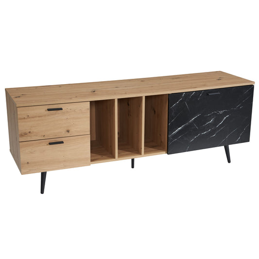 Lowboard Eiche Dekor mit Marmor Look in Schwarz 150 mal 55 mal 40 cm TV Kommode Design TV Schrank Hoch Modern Fernsehtisch Fernsehschrank mit Tuer und Schubladen Fernsehkommode Wohnzimmer Modern