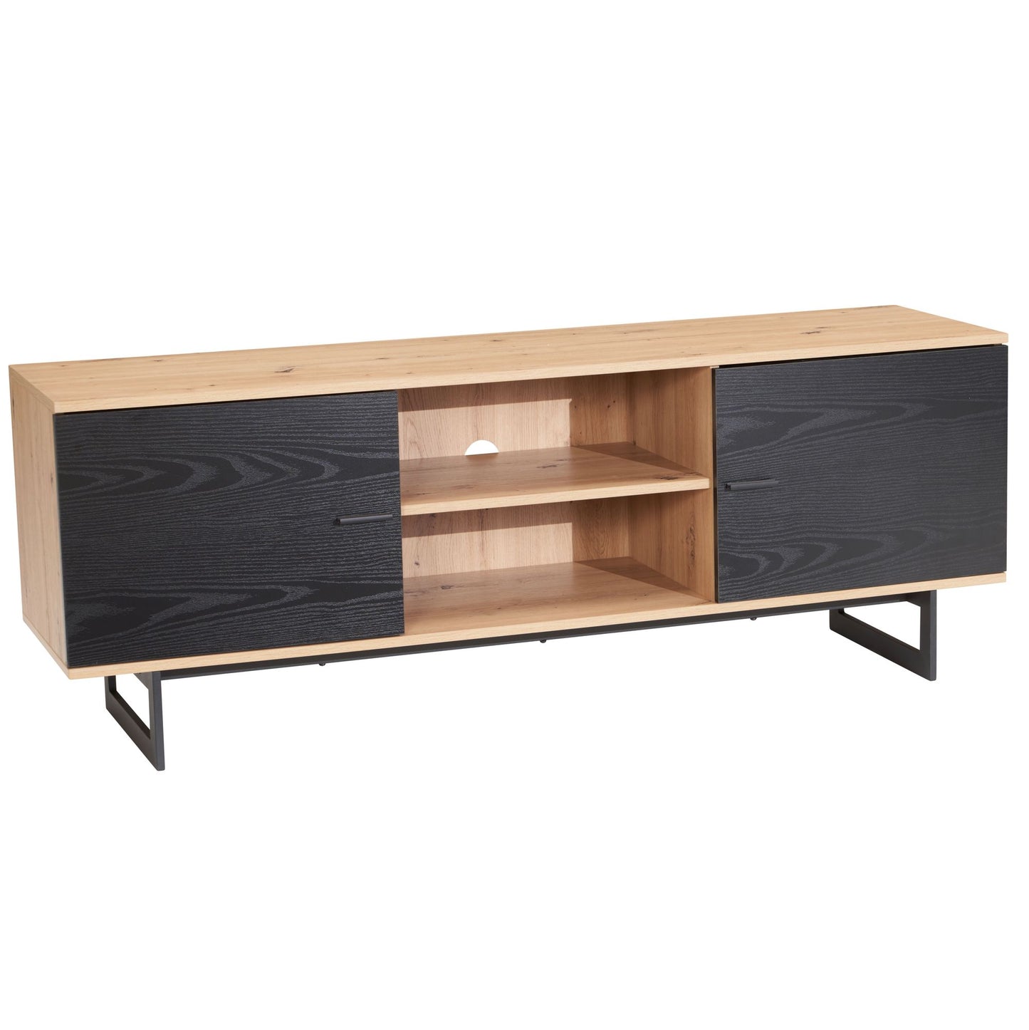 Lowboard Eiche Dekor Schwarz 150 mal 55 mal 40 cm TV Kommode Modern Design TV Schrank Hoch Fernsehtisch Fernsehschrank mit zwei Tueren Fernsehkommode Wohnzimmer