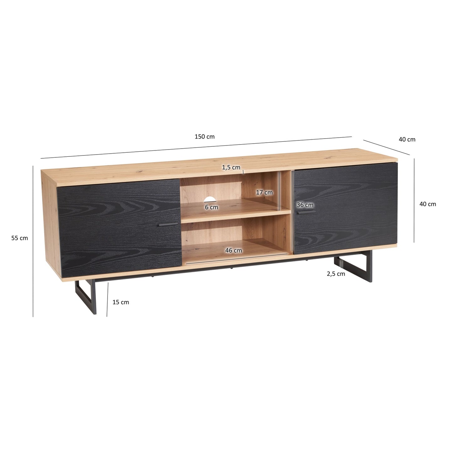 Lowboard Eiche Dekor Schwarz 150 mal 55 mal 40 cm TV Kommode Modern Design TV Schrank Hoch Fernsehtisch Fernsehschrank mit zwei Tueren Fernsehkommode Wohnzimmer