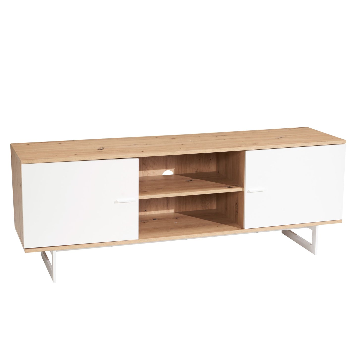 Lowboard Eiche Dekor Weiss 150 mal 55 mal 40 cm TV Kommode Modern Design TV Schrank Hoch Fernsehtisch Fernsehschrank mit zwei Tueren Fernsehkommode Wohnzimmer