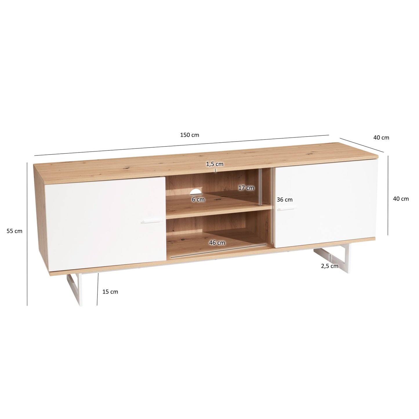 Lowboard Eiche Dekor Weiss 150 mal 55 mal 40 cm TV Kommode Modern Design TV Schrank Hoch Fernsehtisch Fernsehschrank mit zwei Tueren Fernsehkommode Wohnzimmer