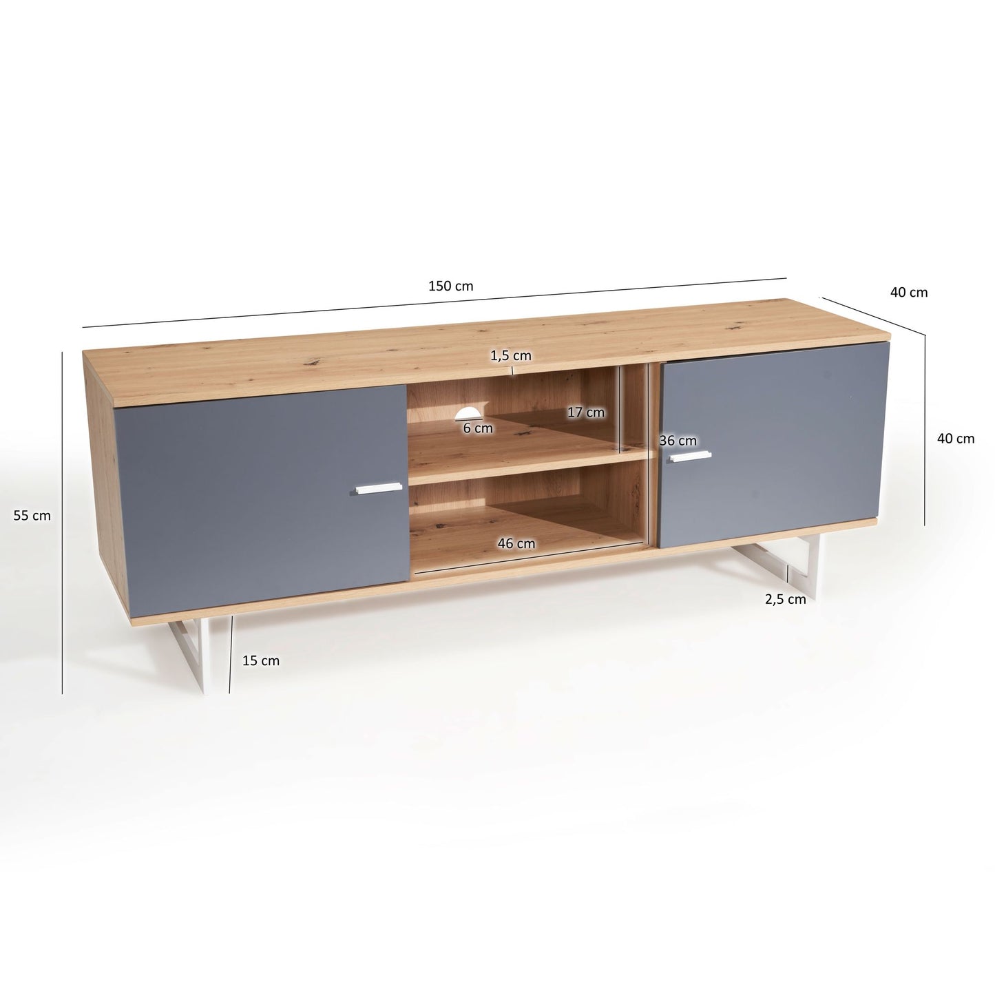 Lowboard Eiche Dekor Grau 150 mal 55 mal 40 cm TV Kommode Modern Design TV Schrank Hoch Fernsehtisch Fernsehschrank mit zwei Tueren Fernsehkommode Wohnzimmer