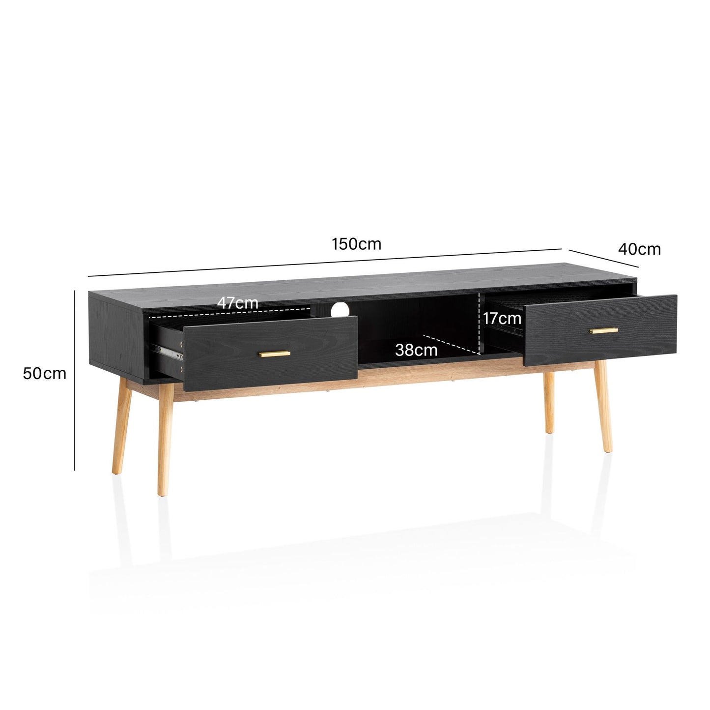 Lowboard Schwarz mit Eiche Dekor 150 mal 50 mal 40 cm TV Kommode Modern Design TV Schrank Hoch Fernsehtisch Fernsehschrank mit Schubladen und Ablagefach Fernsehkommode Wohnzimmer