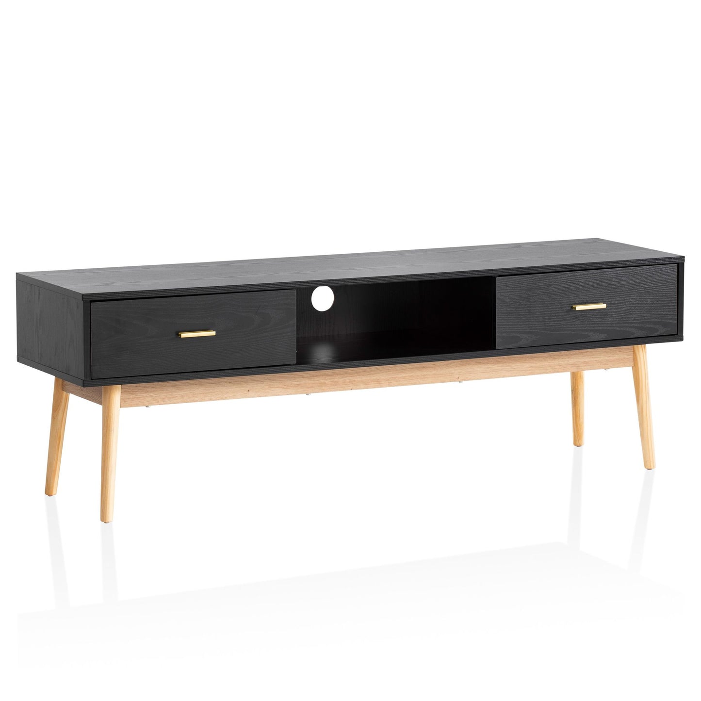 Lowboard Schwarz mit Eiche Dekor 150 mal 50 mal 40 cm TV Kommode Modern Design TV Schrank Hoch Fernsehtisch Fernsehschrank mit Schubladen und Ablagefach Fernsehkommode Wohnzimmer